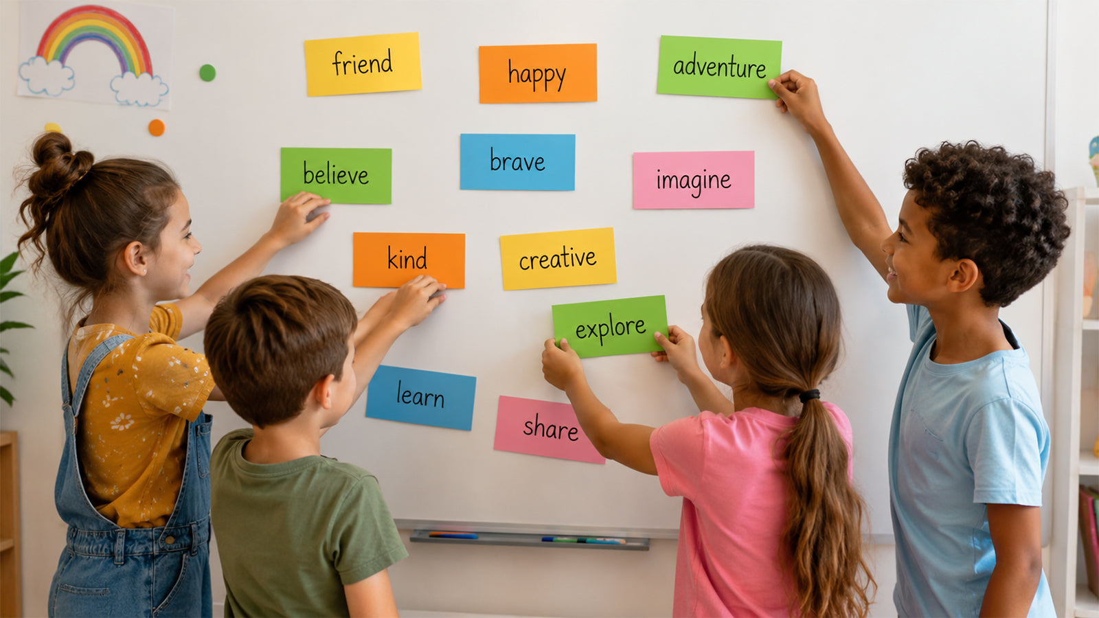 Children cling cards to the board.