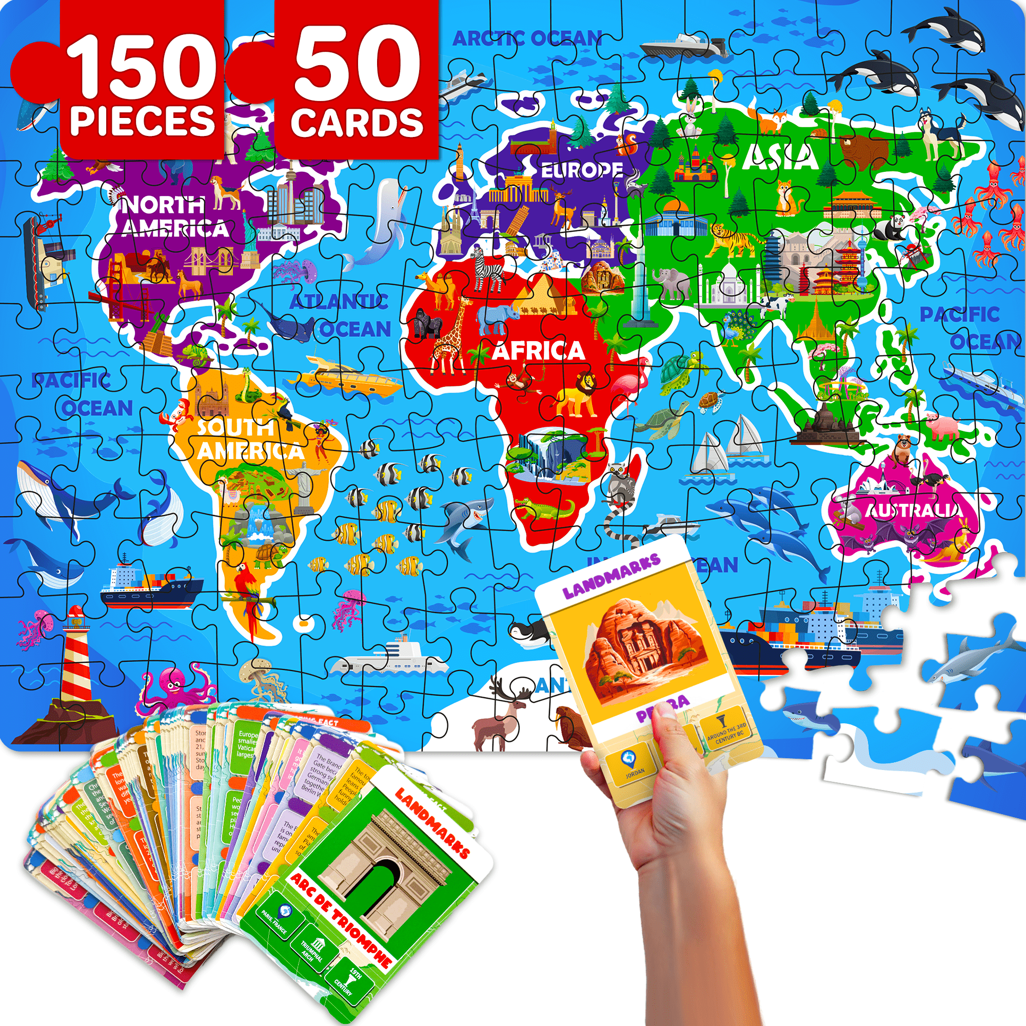 150 Pcs Jigsaw Puzzles 50 Cards For Kids | World