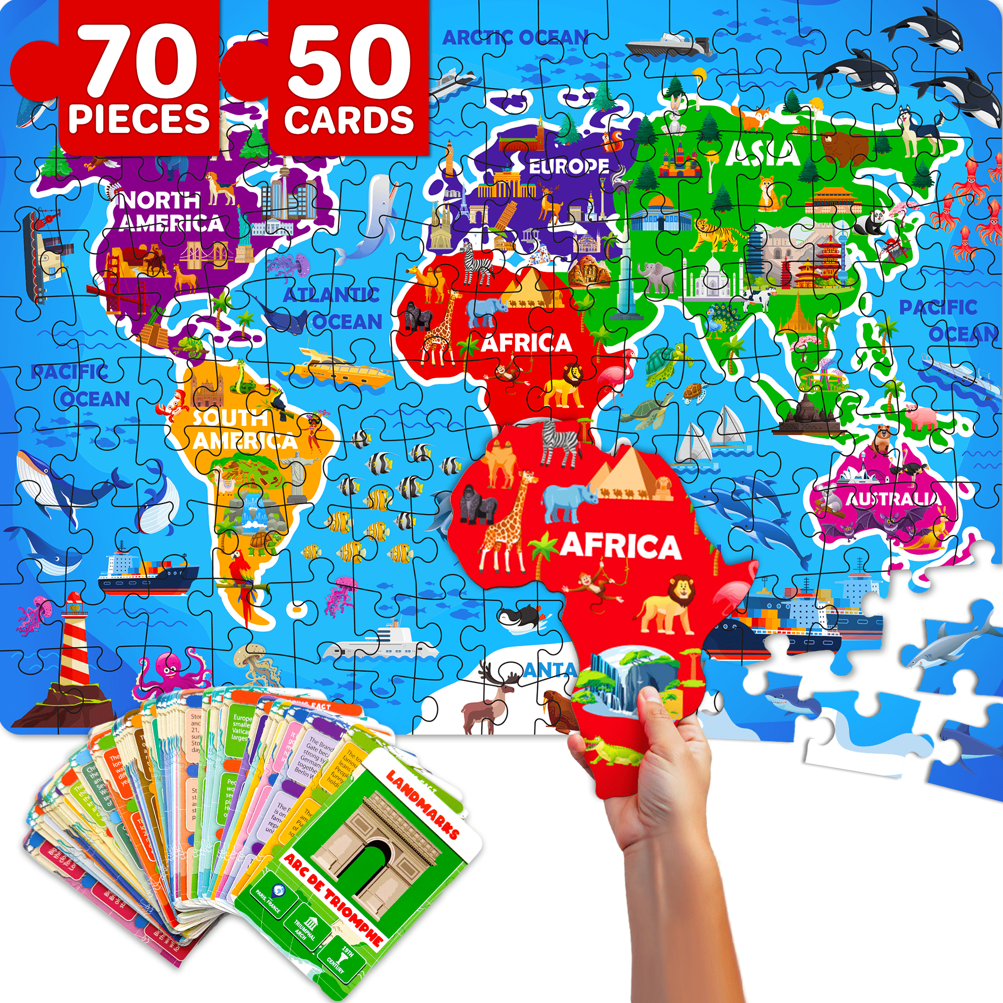 70 Piece Jigsaw Puzzles 50 Cards For Kids | World