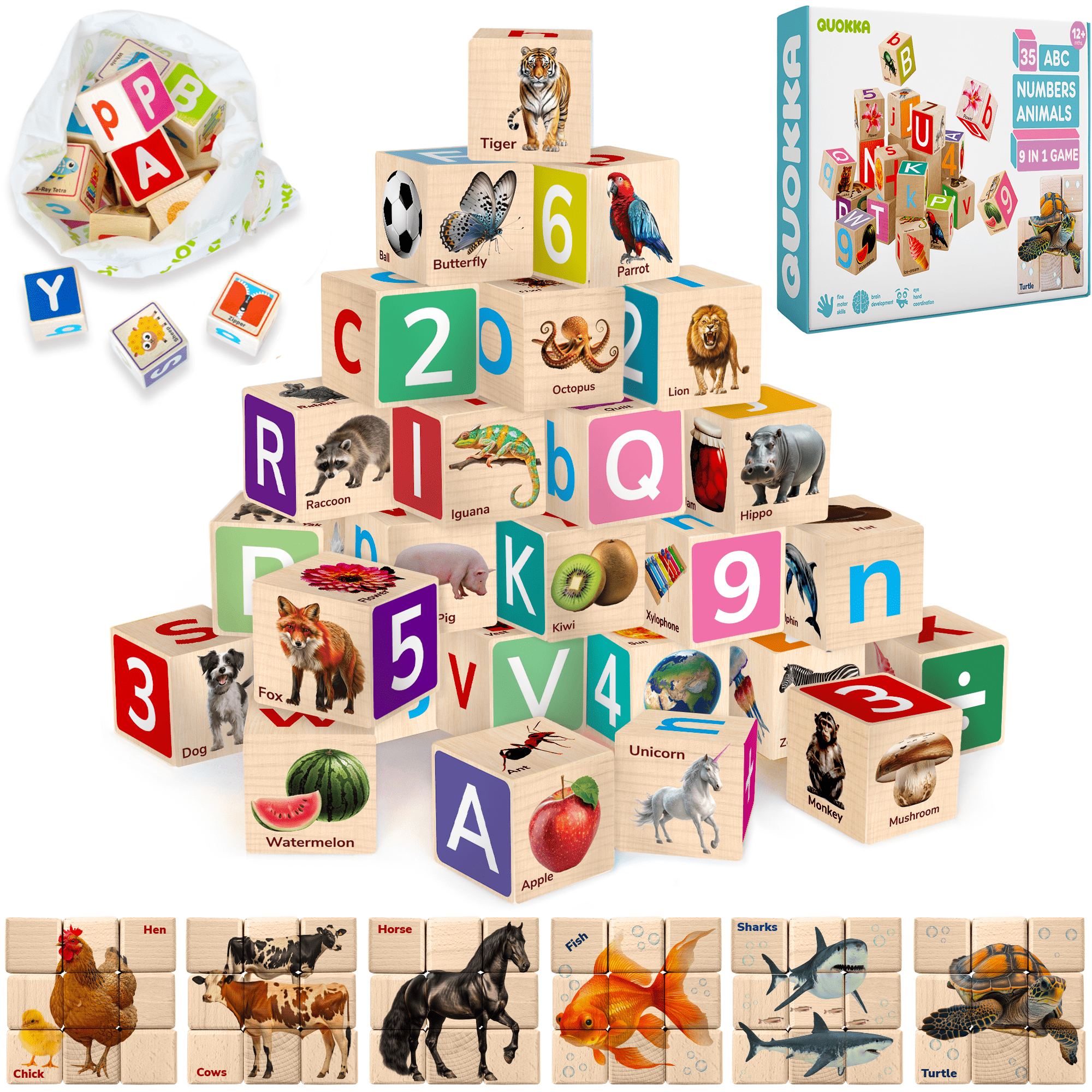 QUOKKA Montessori Wooden Blocks 35 Realistic ABC Learning Blocks