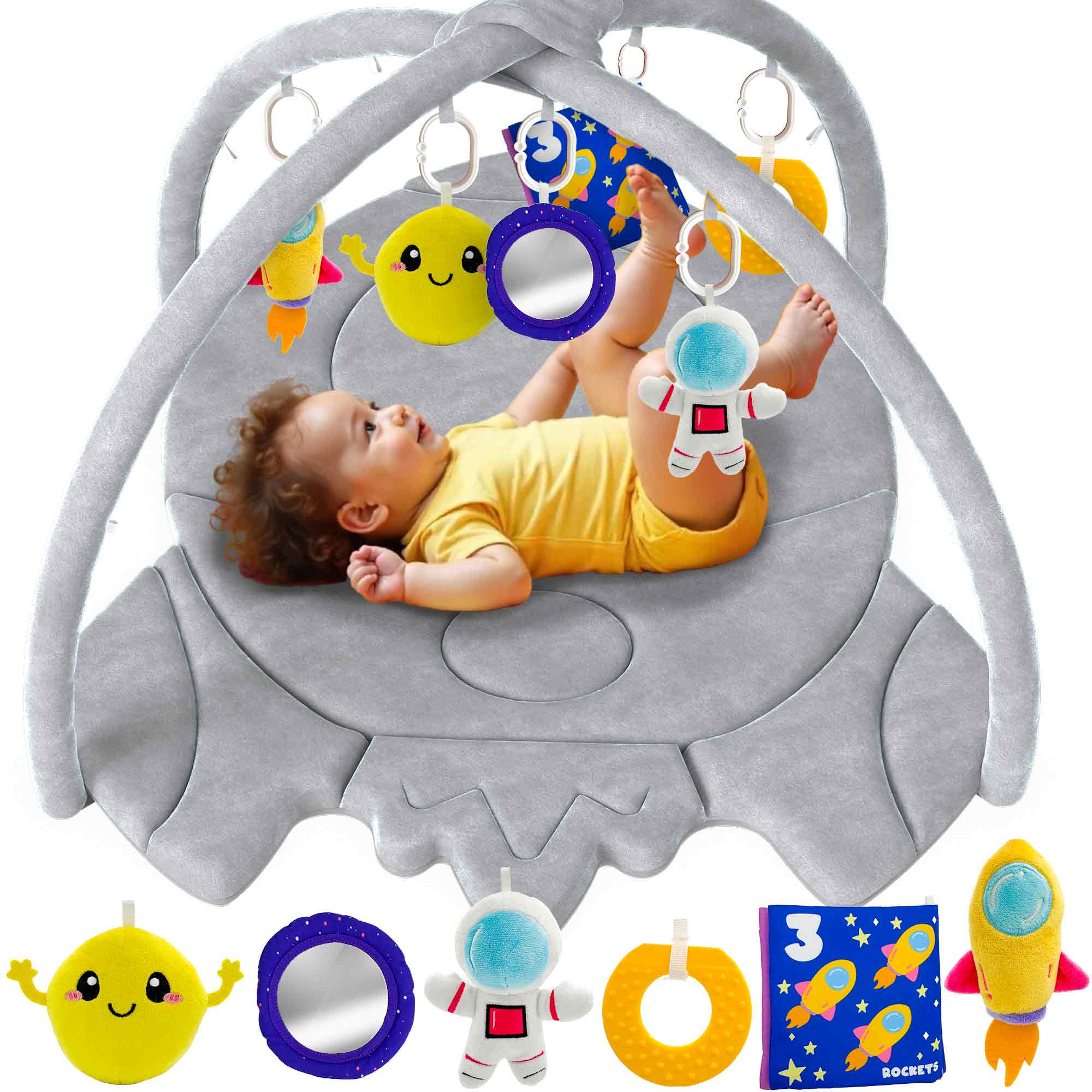 QUOKKA Baby Play Gym Tummy Time Mat with Sensory Toys Rocket