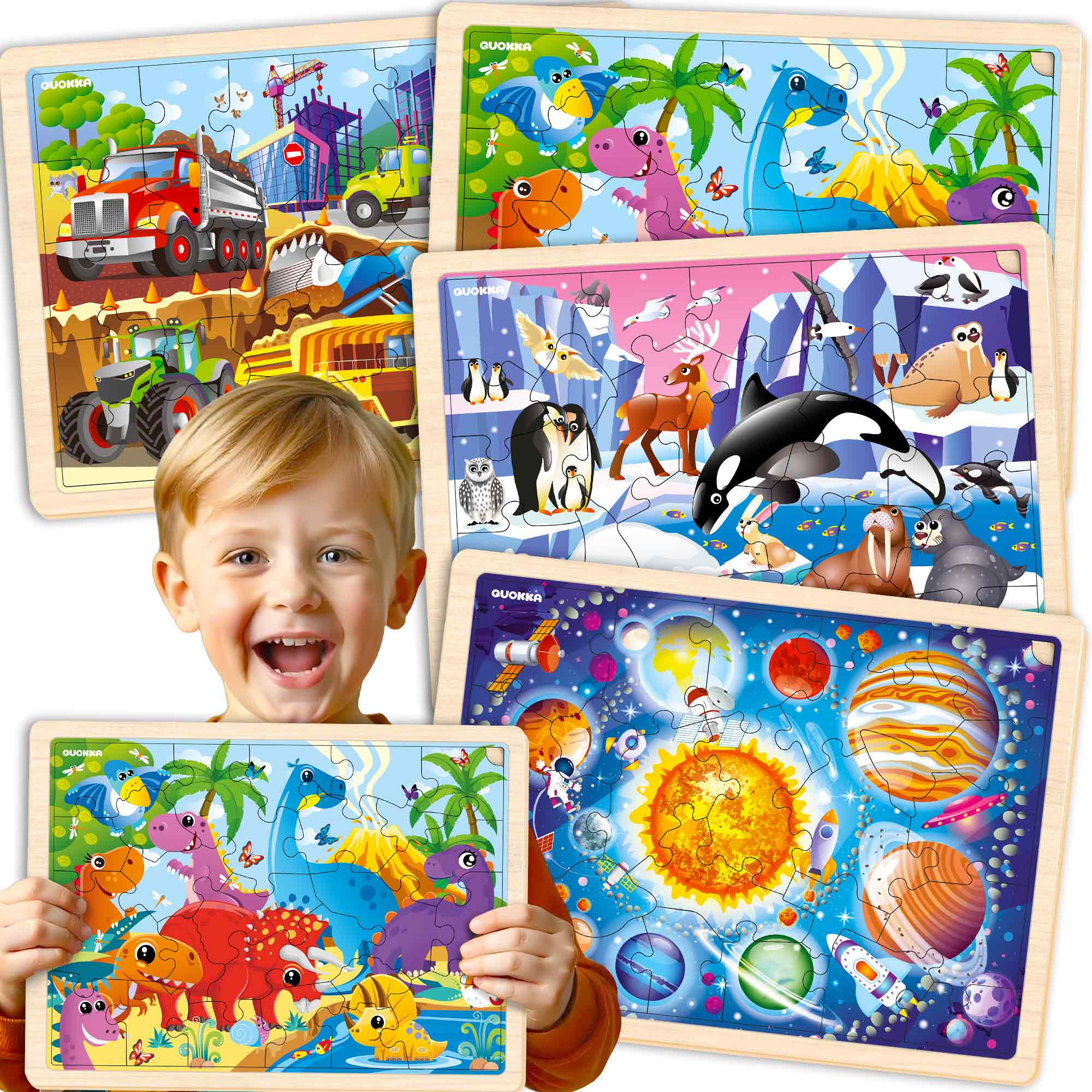 4 Set Wooden Puzzles for Toddlers Animals, Dino, Vehicles & Space