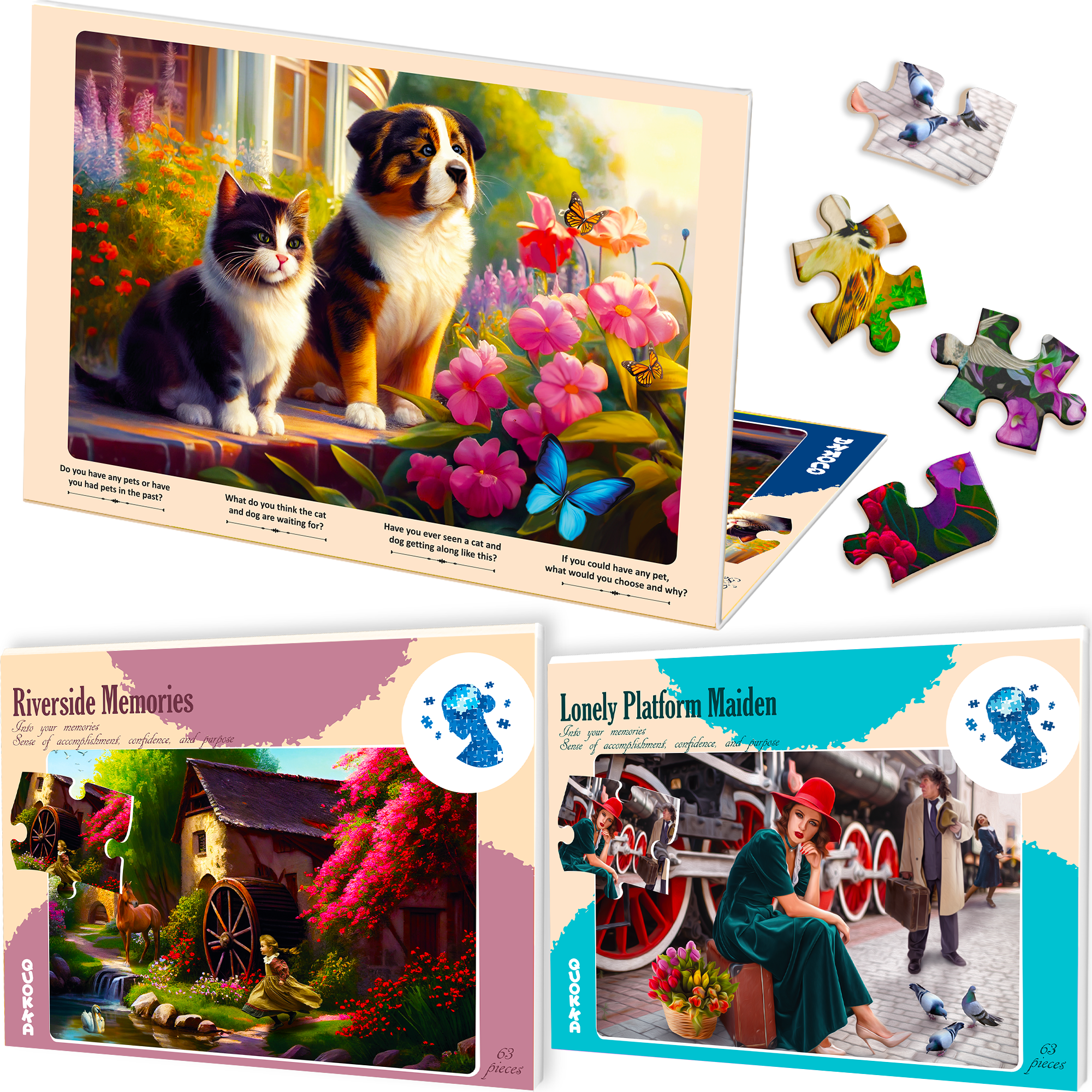 QUOKKA 63 Piece Dementia Puzzles for Elderly | 3 Alzheimers Jigsaw Puzzle Games for Adults with Riverside, Cats, and Platform