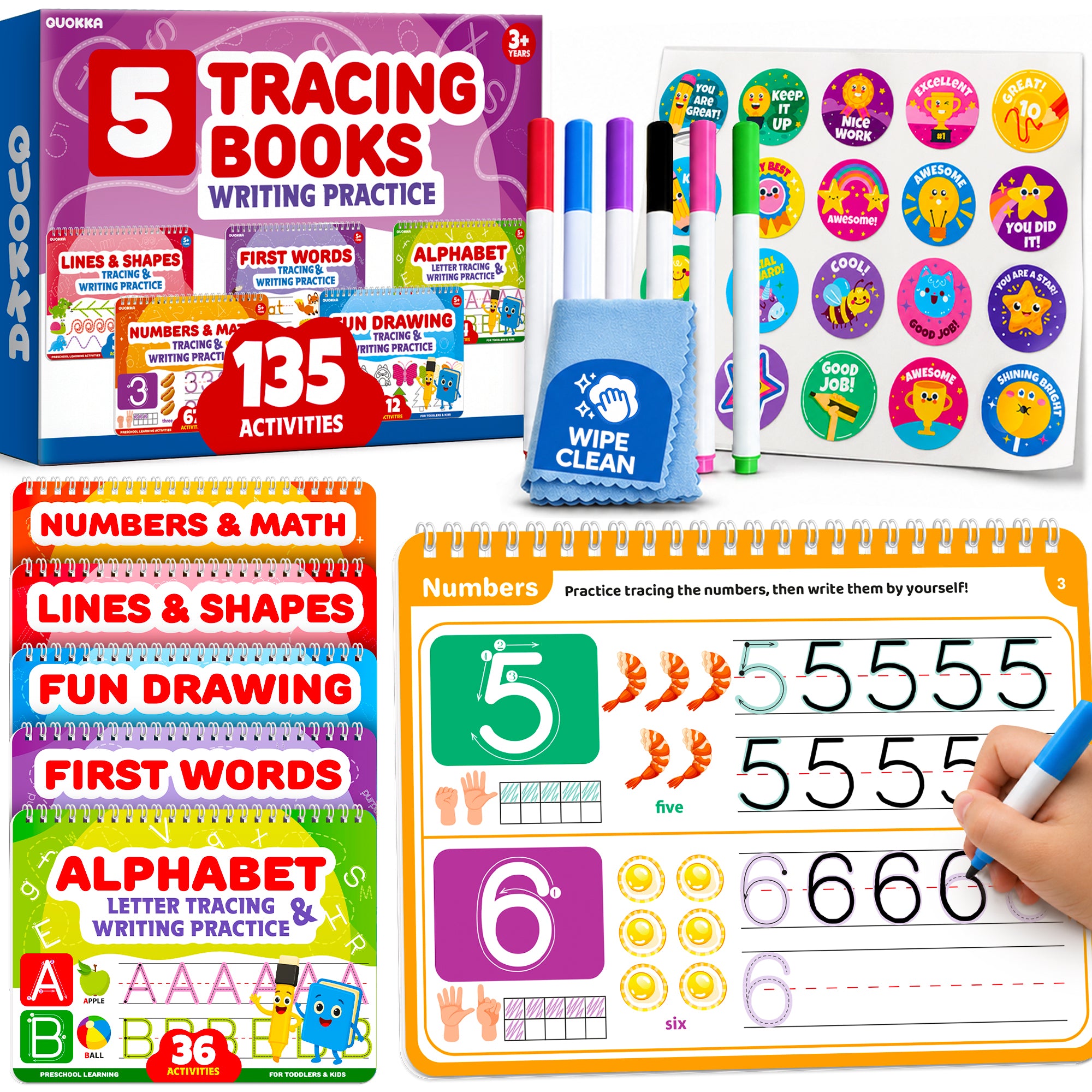 5 Set Tracing Books for Kids - Writing Practice Kit with Markers