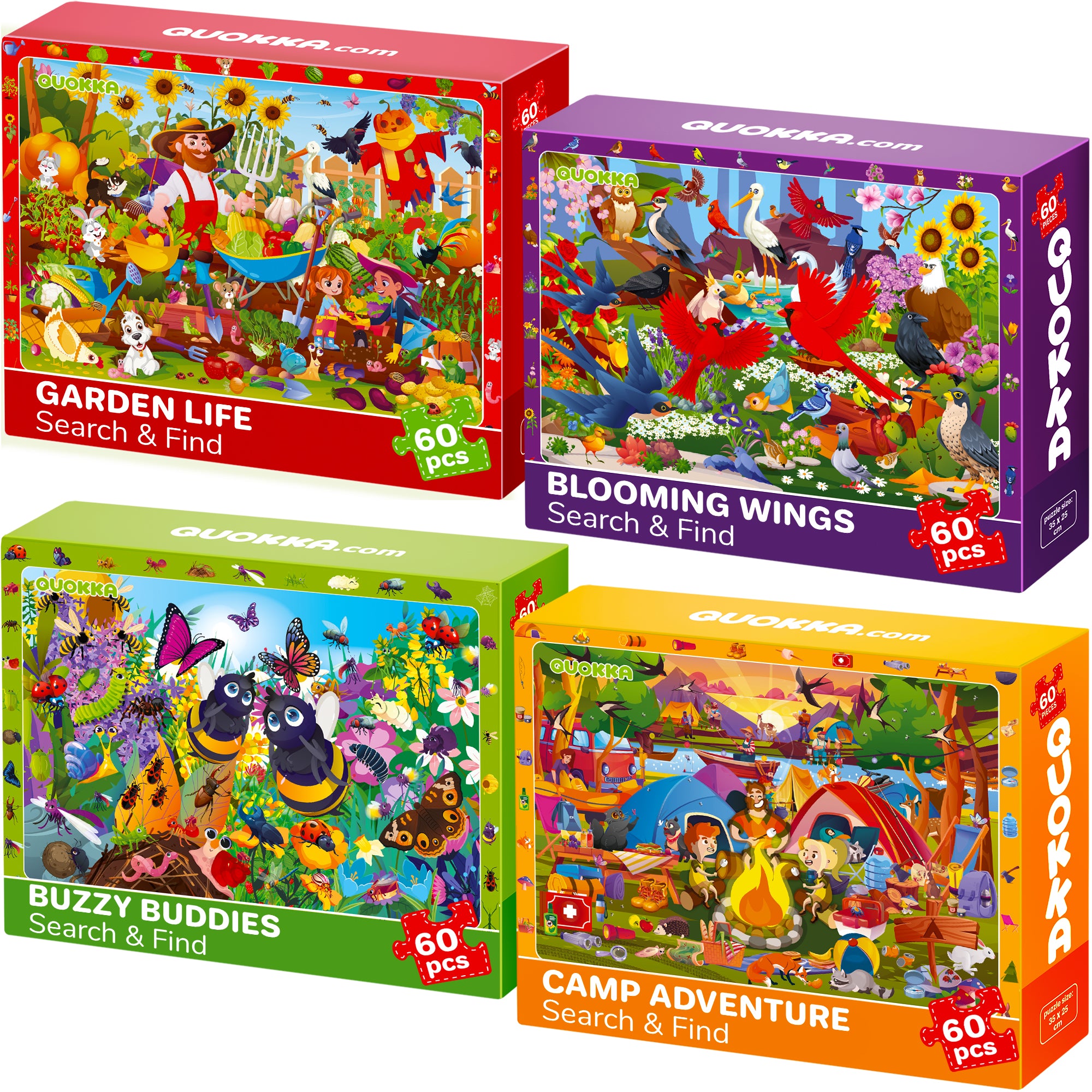 QUOKKA Search & Find Puzzle 60 Pcs for Kids | Birds, Camping, Garden