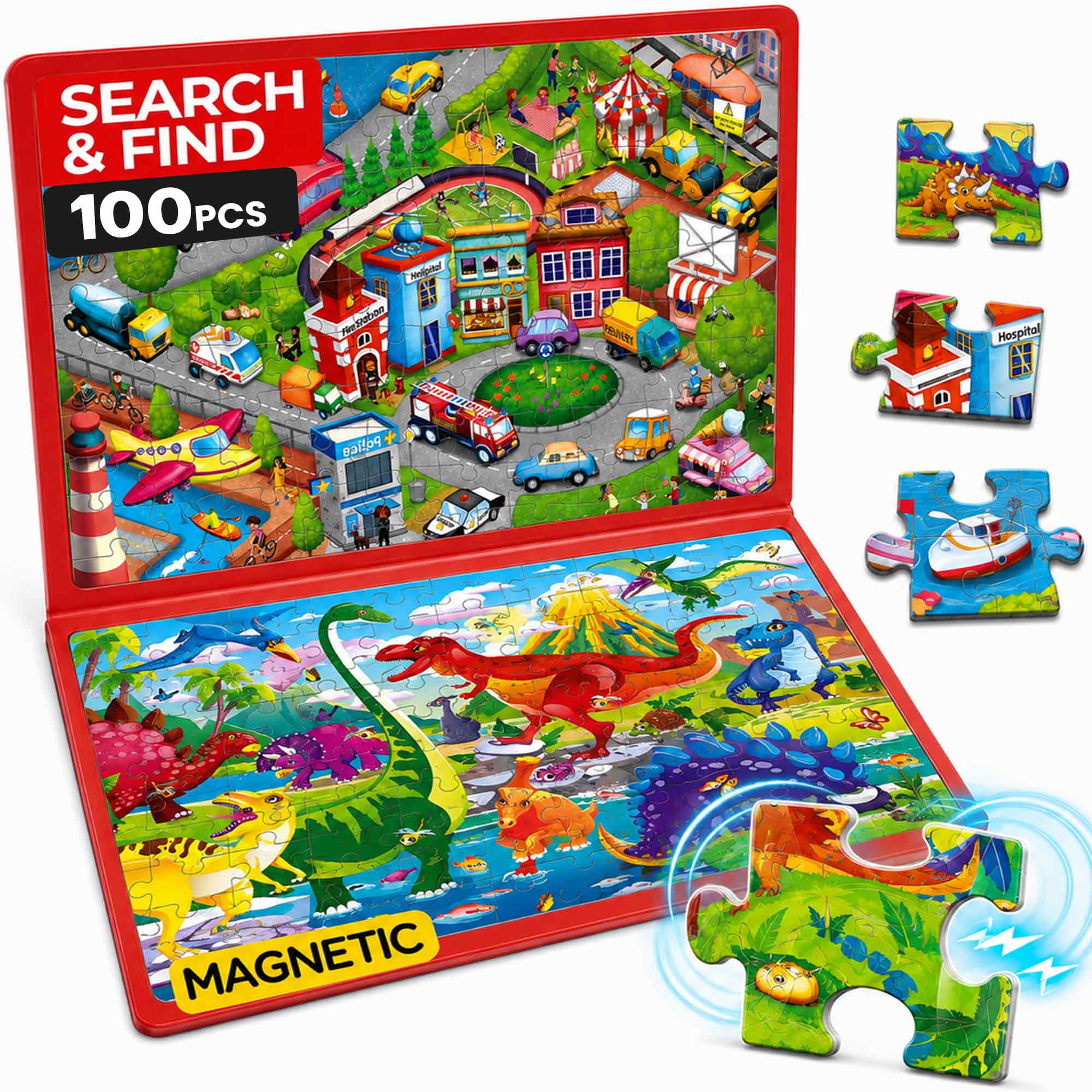 Magnetic Puzzle 2x100 Pcs Puzzles for Kids - City Cars & Dinos