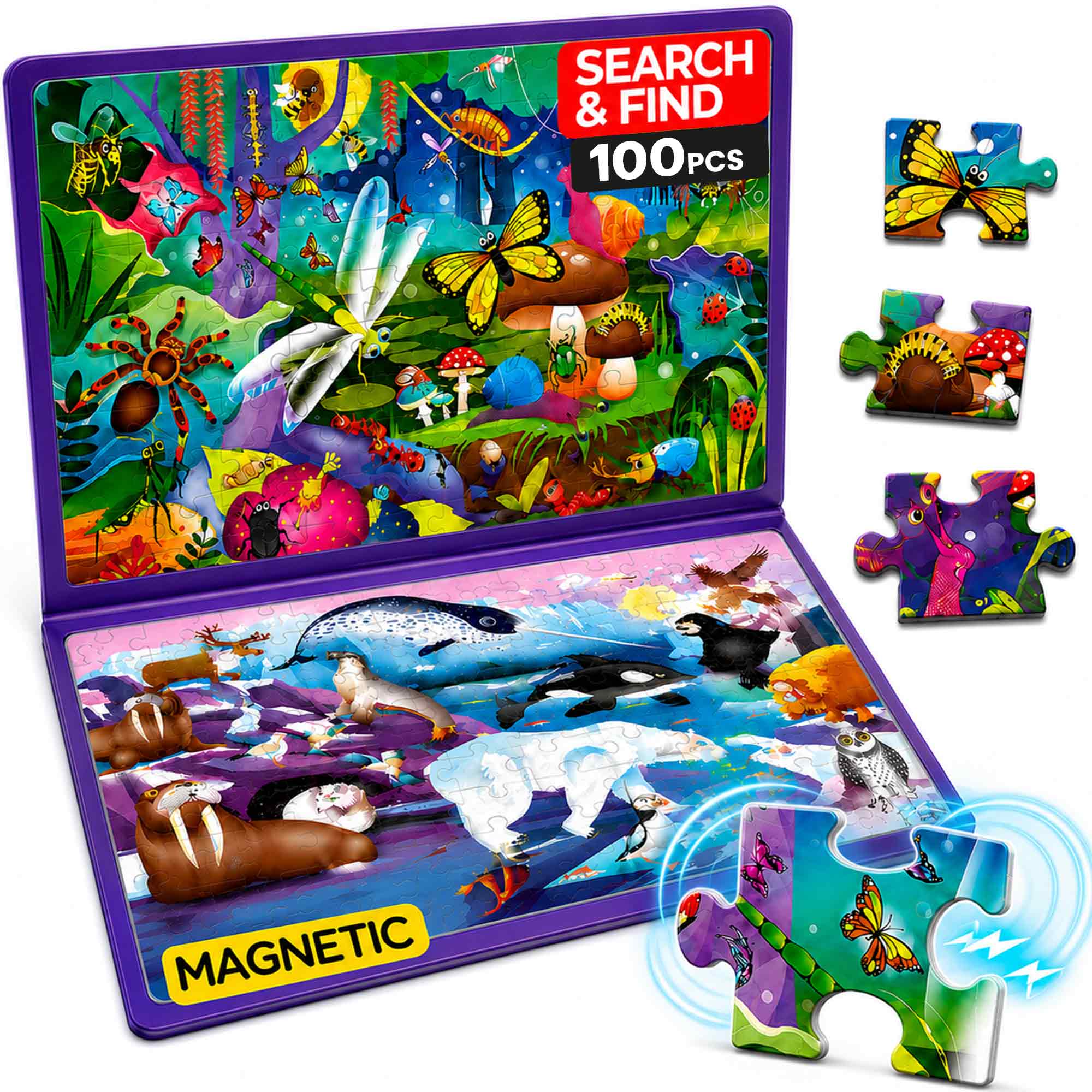 Magnetic Puzzle 2x100 Pcs Puzzles for Kids - Bugs & Polar Animals