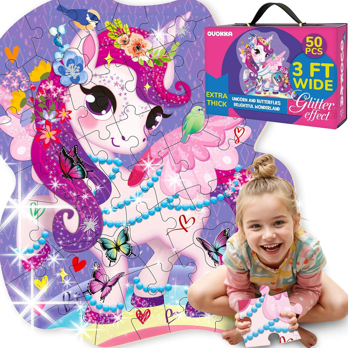 QUOKKA Glitter Shaped Floor Puzzles for Kids 50 Pcs Unicorn