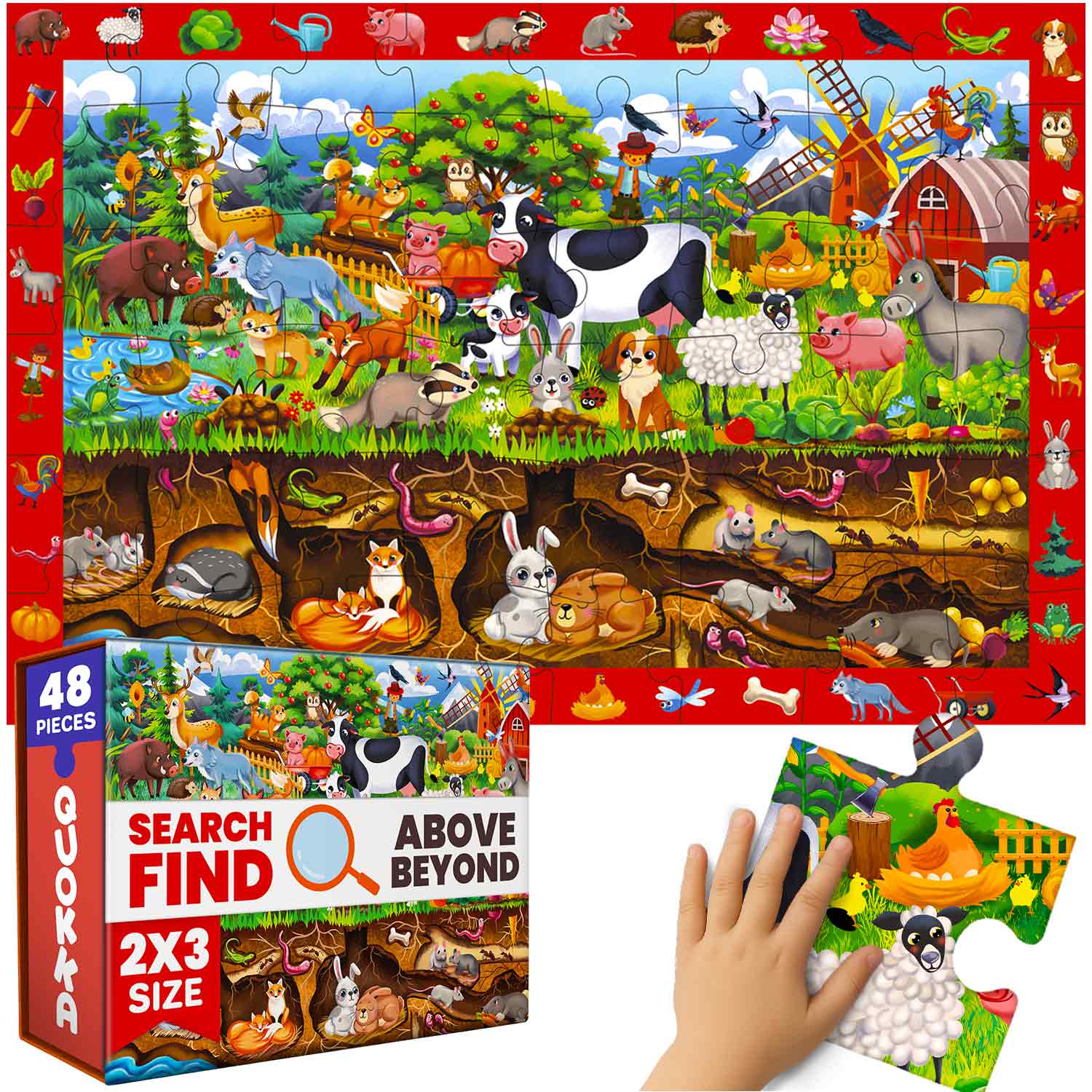QUOKKA 48 Piece Giant Floor Puzzle – Search & Find Woodland Farm