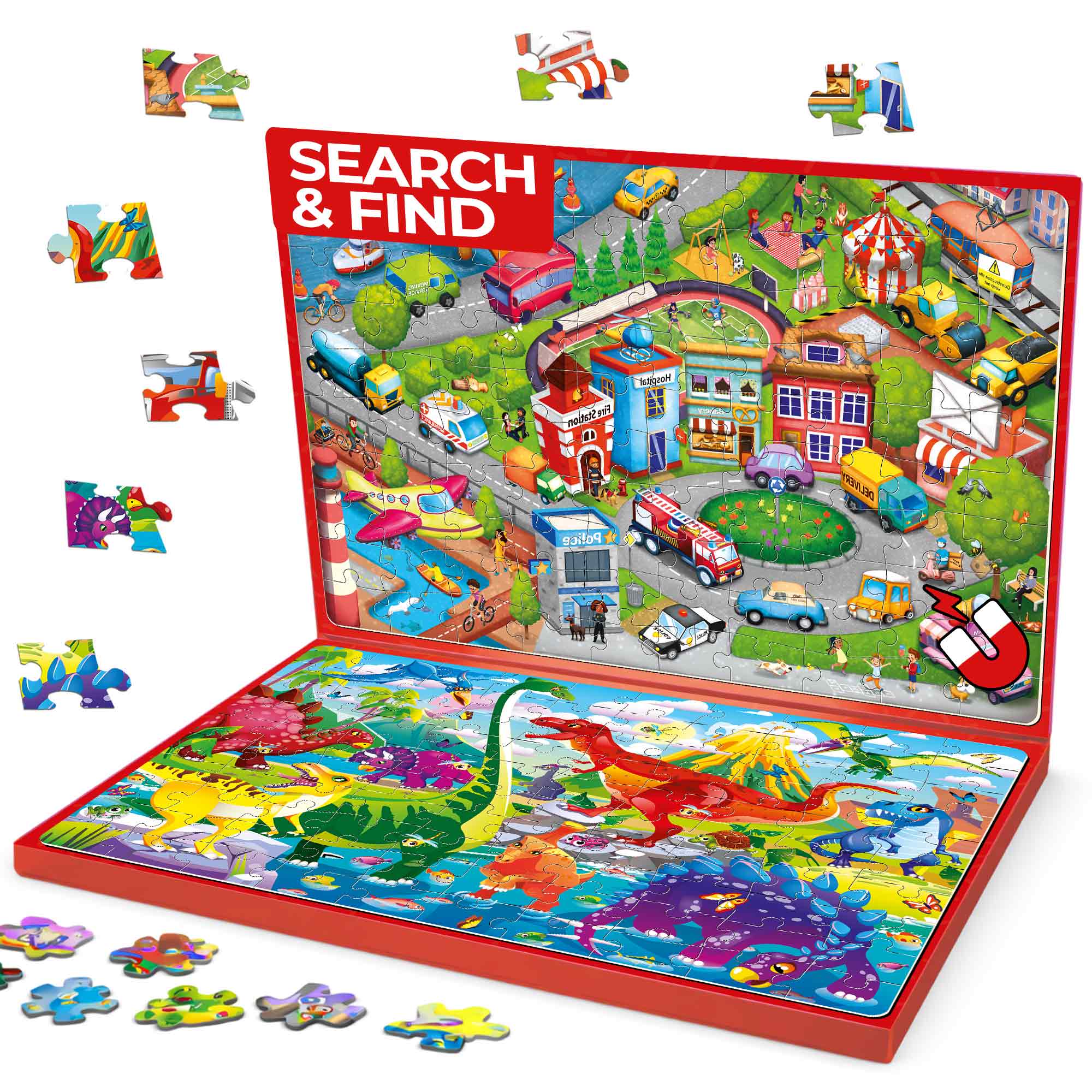 Magnetic Puzzle 2x100 Pcs Puzzles for Kids - City Cars & Dinos