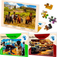 Load image into Gallery viewer, QUOKKA 100 Piece Dementia Puzzles for Elderly | 3 Alzheimers Jigsaw Puzzle Games for Adults with Automobiles, Horses, and Ship
