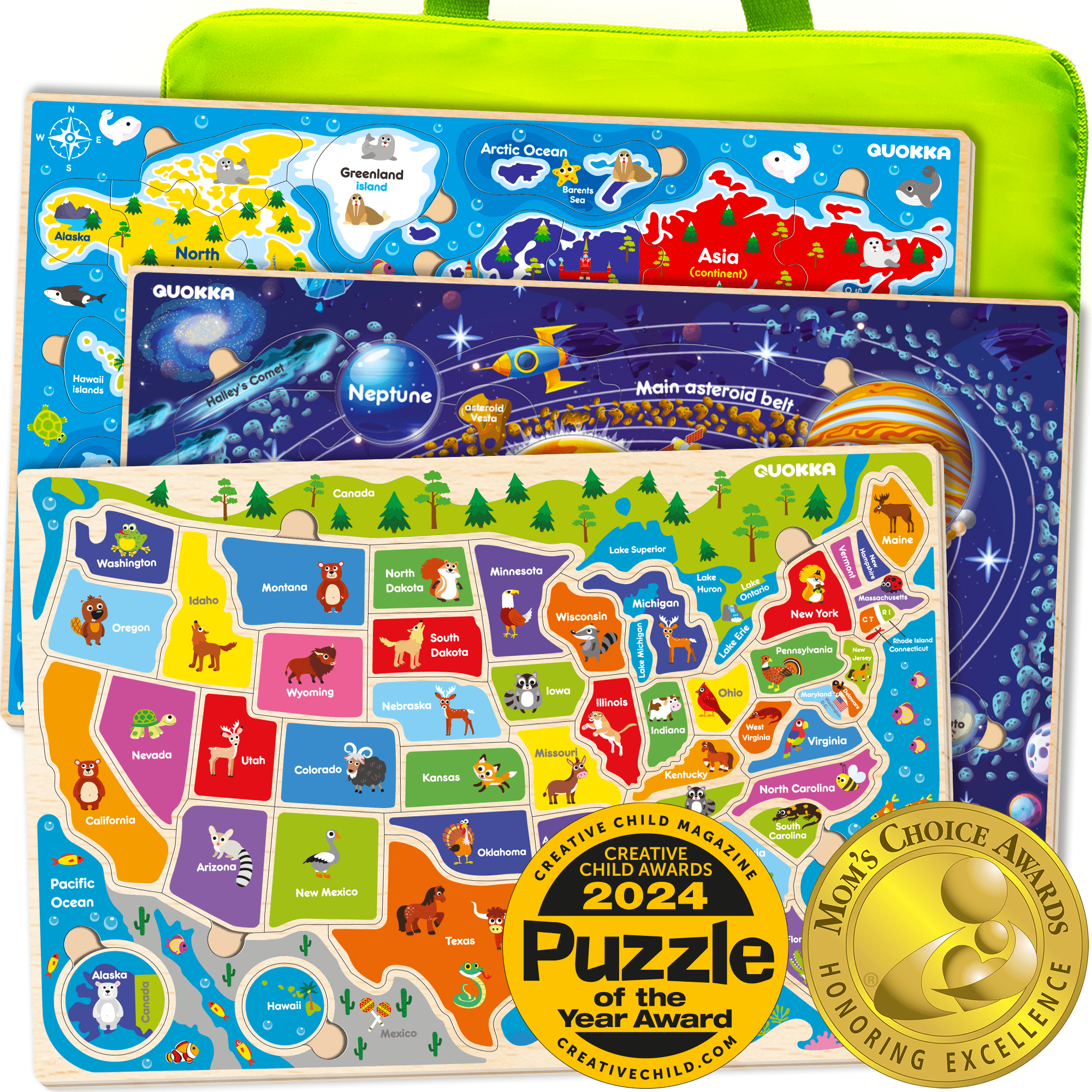 Wooden Jigsaw Puzzles for Kids World Map, Space & USA