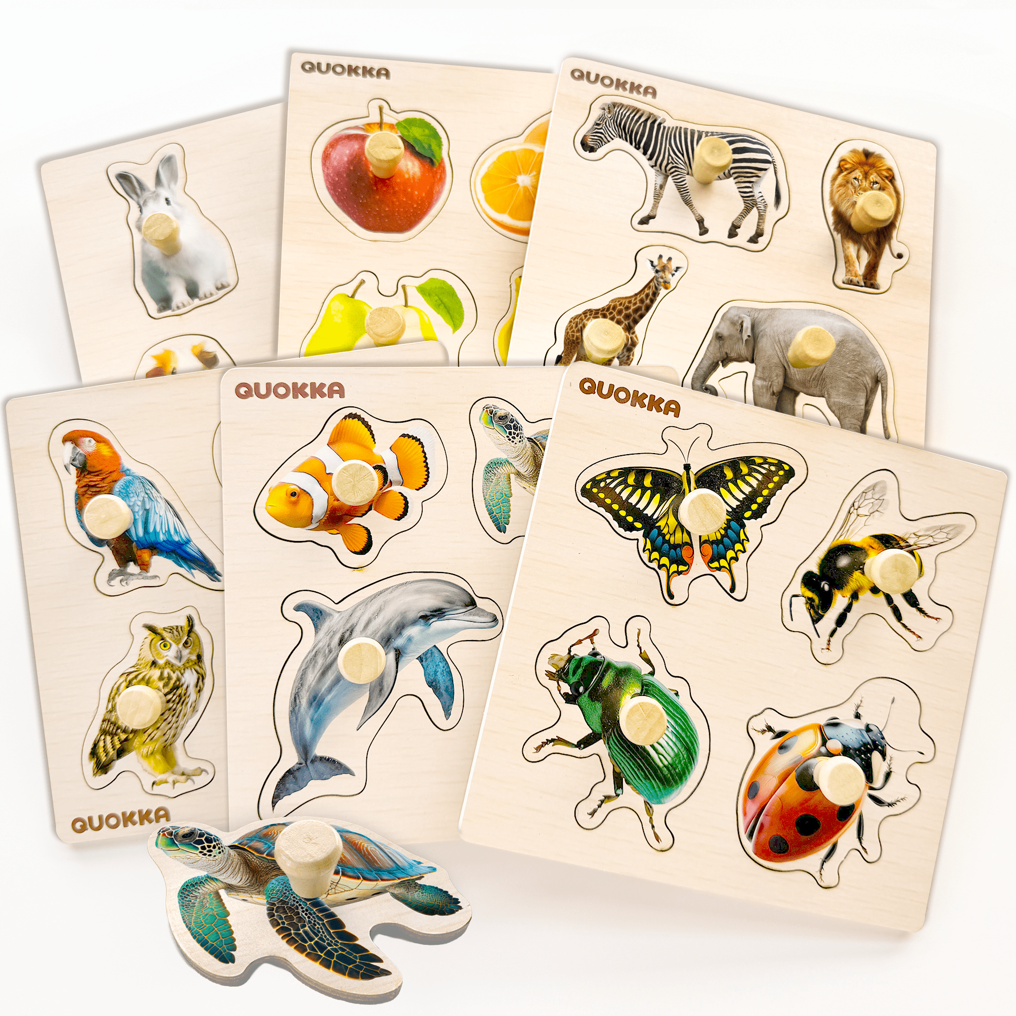 Set Realistic Wooden Puzzles for Toddlers Animals, Fruits Insect