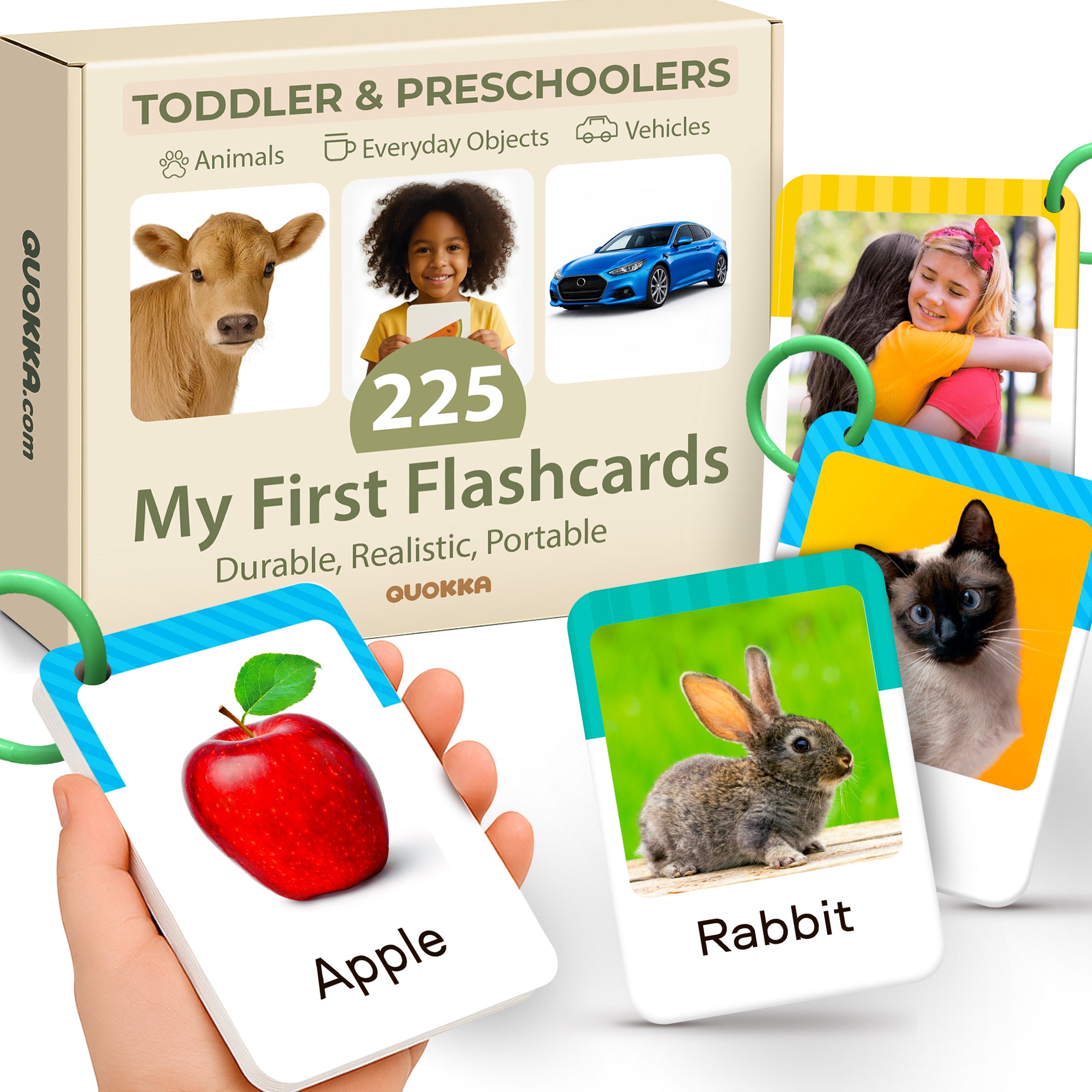 QUOKKA 225 Flash Cards for Toddlers 1-3 | Alphabet & First Words