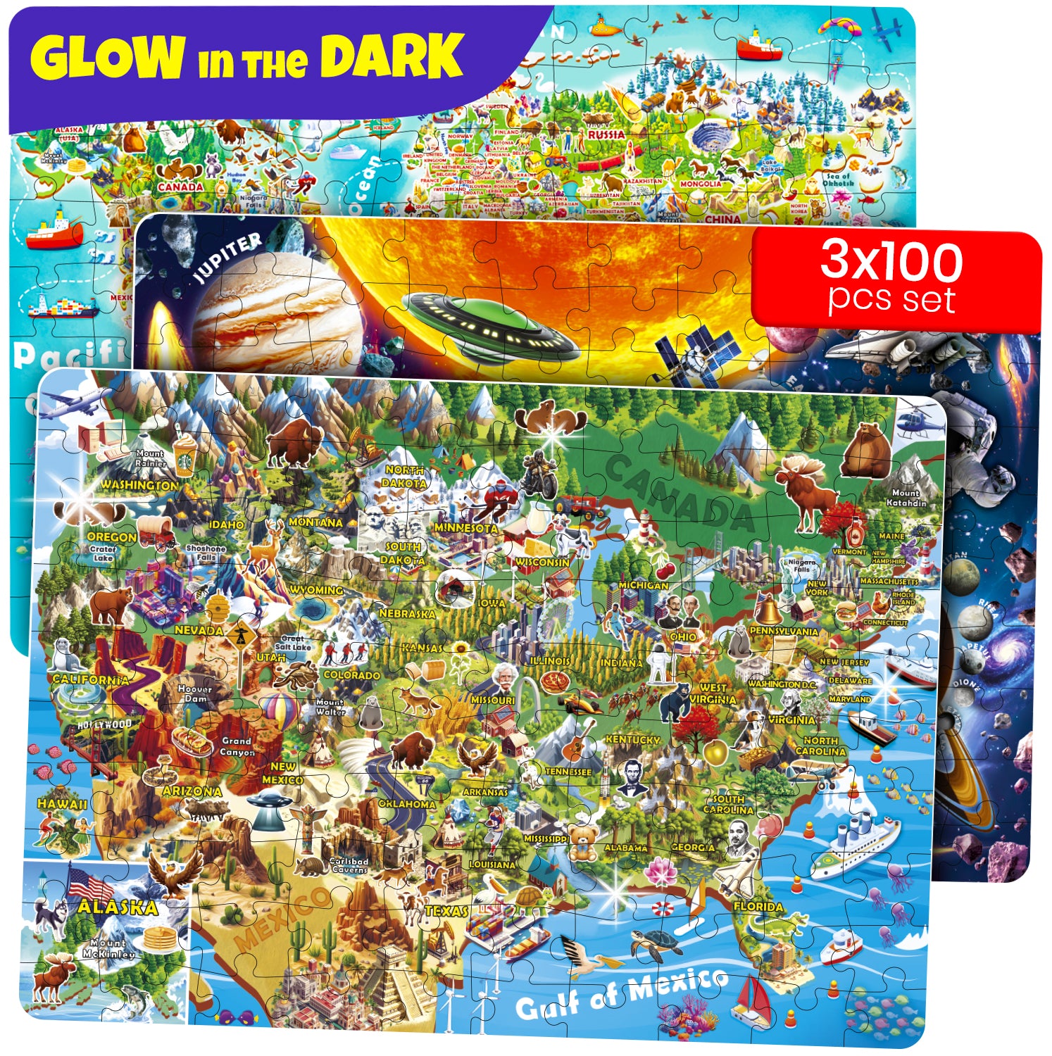 QUOKKA 100 Piece Glow-in-the-Dark Puzzles – USA, World & Solar System