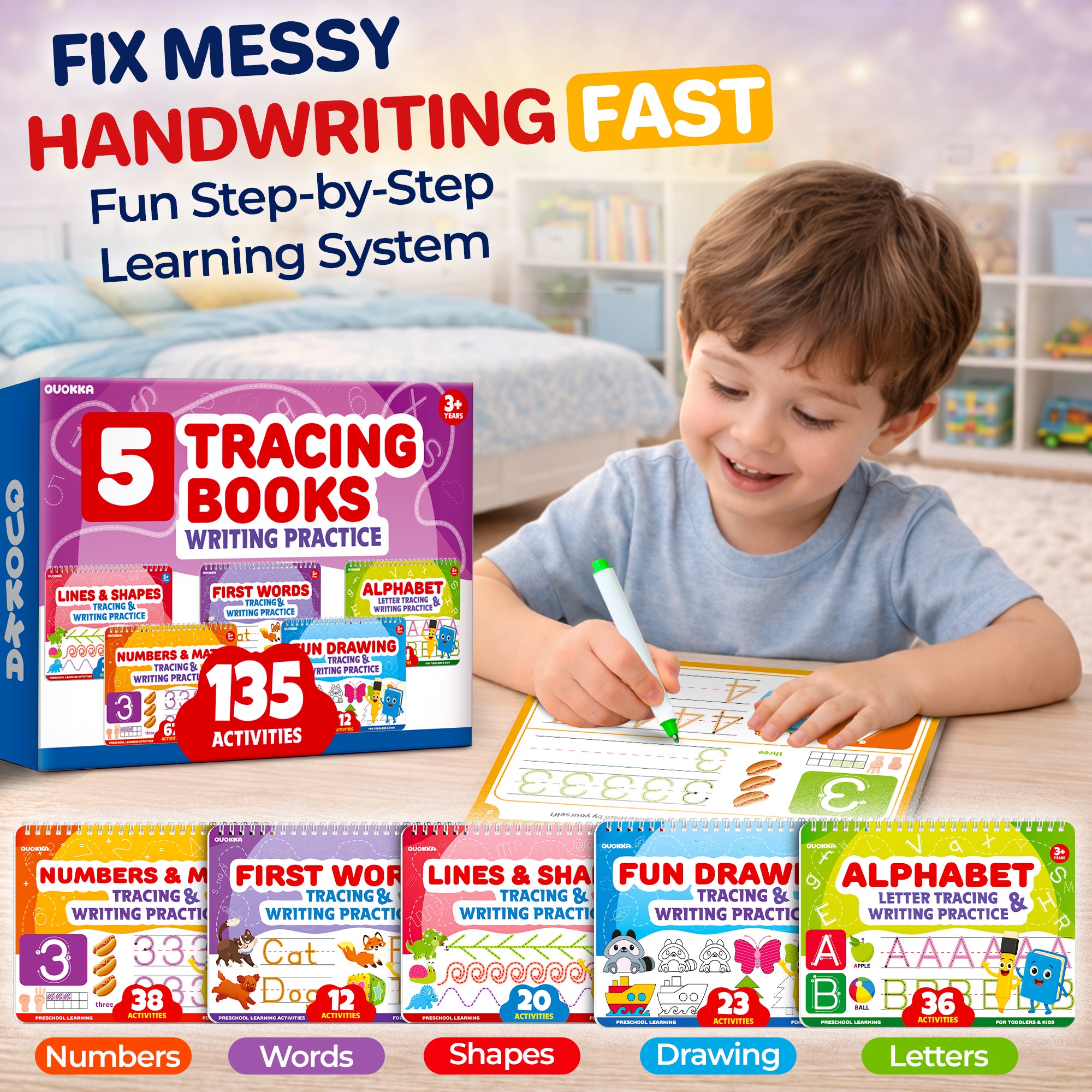 5 Set Tracing Books for Kids - Writing Practice Kit with Markers