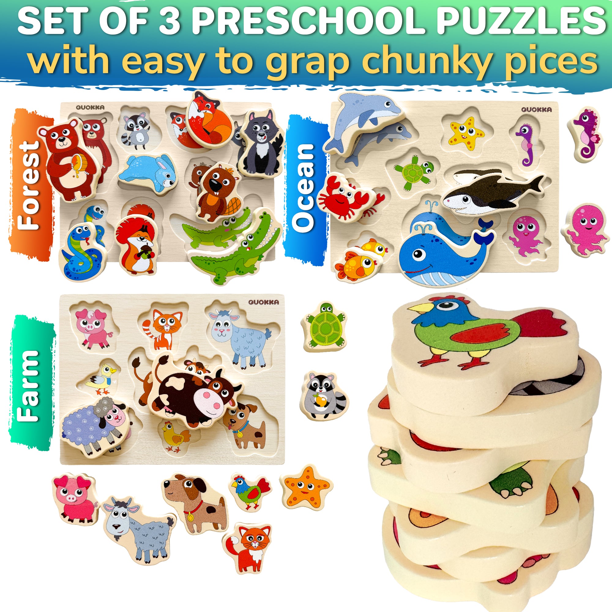 3 Set Chunky Wooden Puzzles for Toddlers | Toys with Animals
