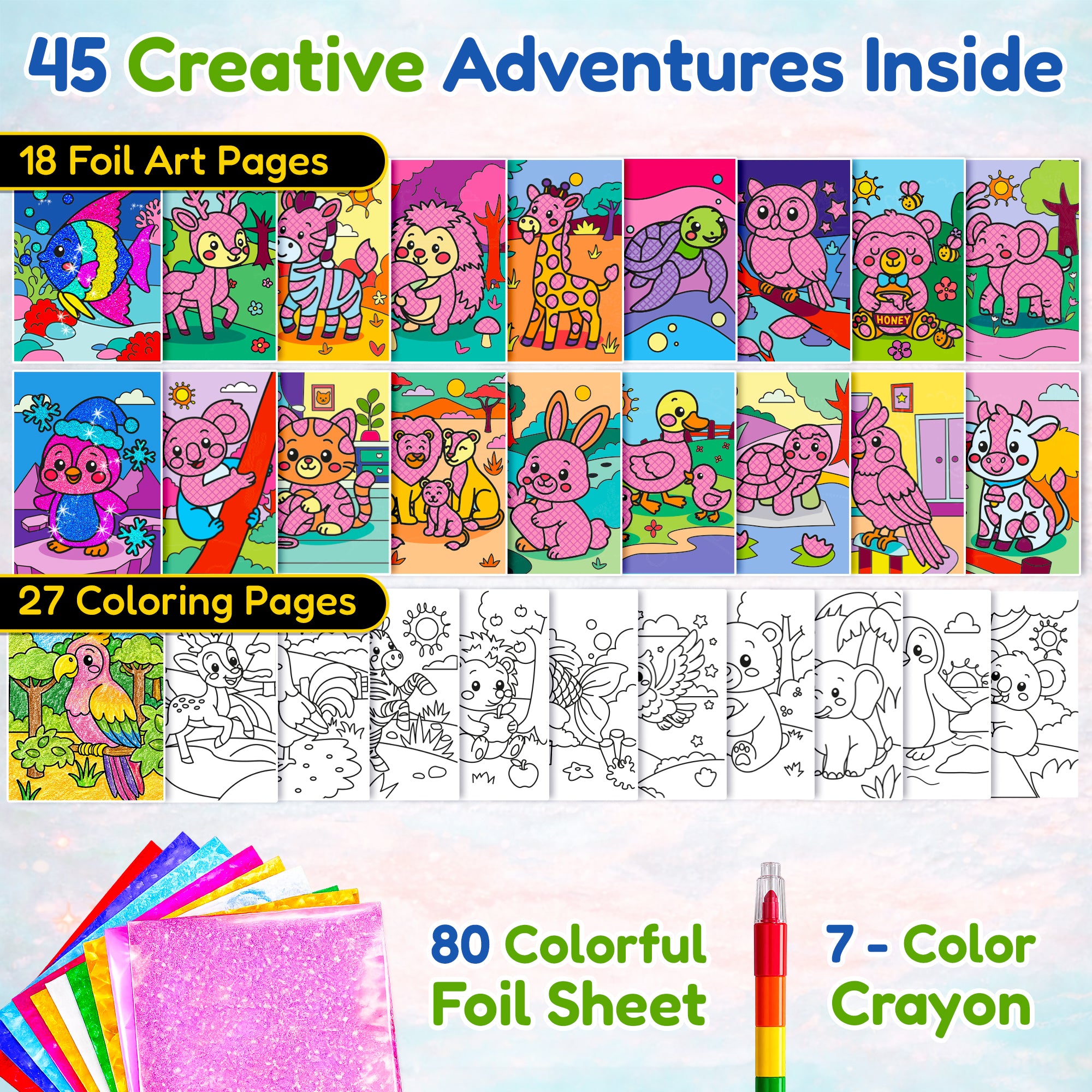 Foil Art Crafts Activity Book with Coloring Pages for Kids Animals