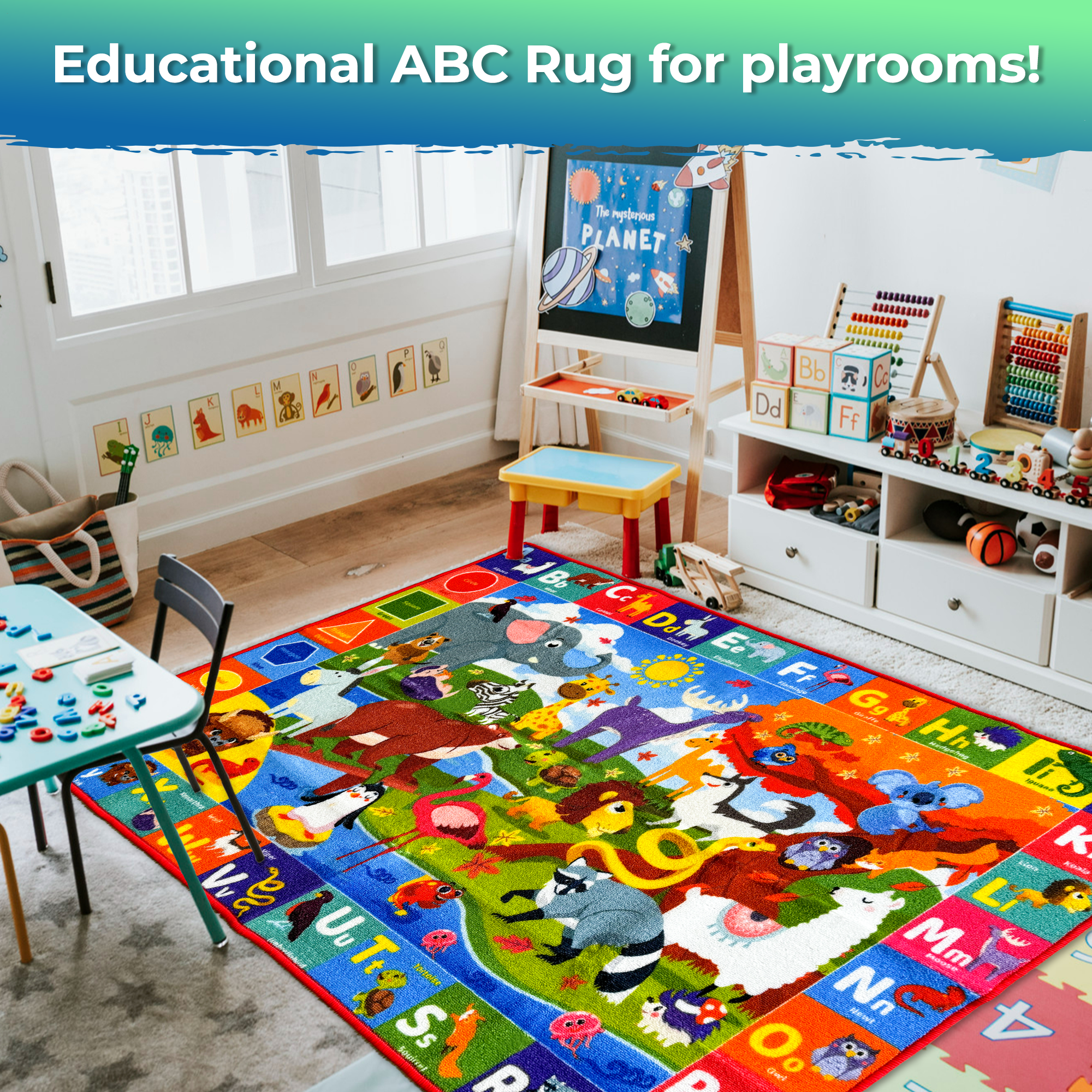 QUOKKA Classroom Rug for Kids | 78x59 ABC Rugs for Playroom | Alphabet Learning Area Animals Rug for Bedroom