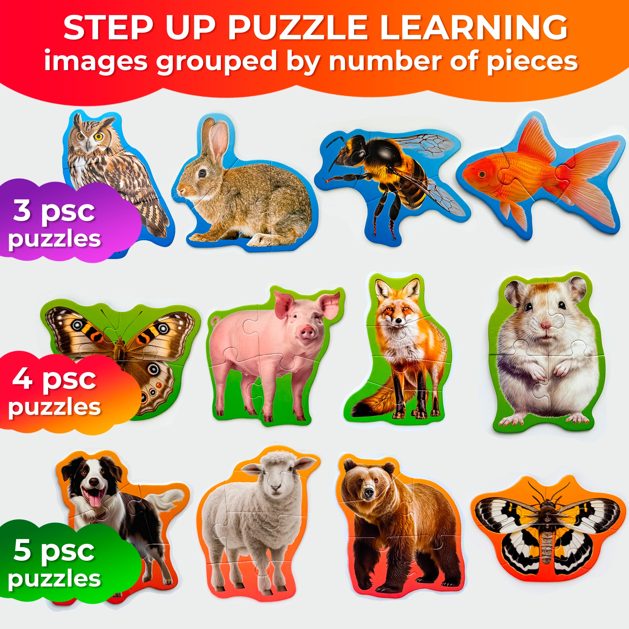 Step Up Puzzles 4 Set – 40 Animal Puzzles for Toddlers 2-4