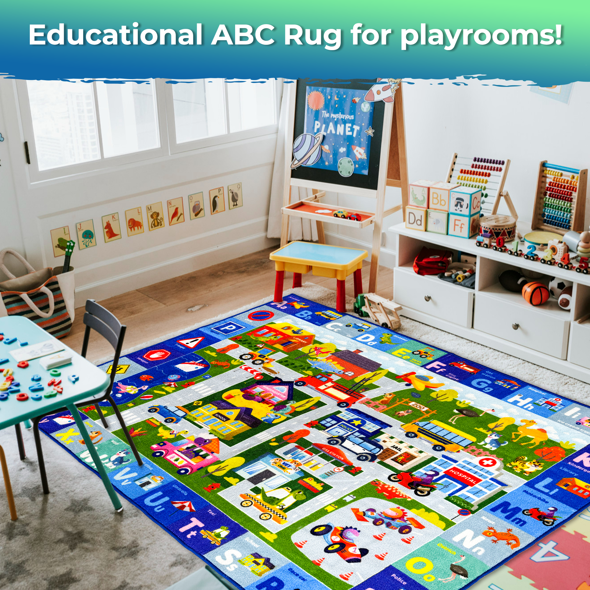Small Classroom Boys Rug for Kids - 59x39 ABC City Rugs for Playroom