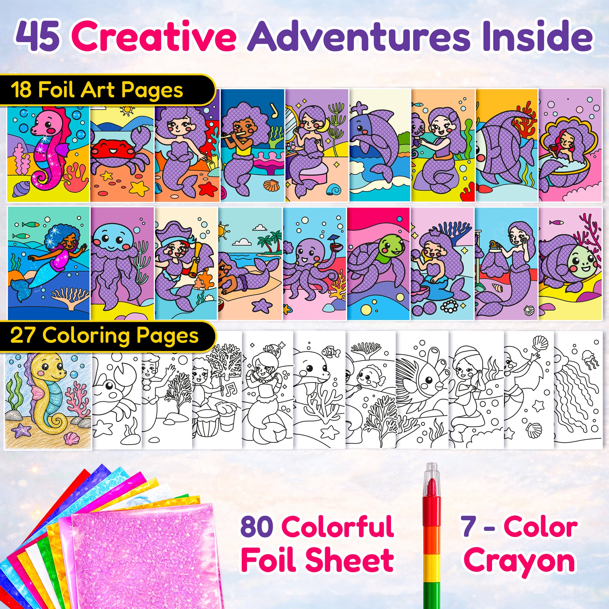 Foil Art Crafts Activity Book with Coloring Pages for Kids Mermaids