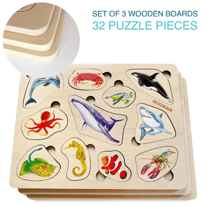 Toddler Puzzles Real Animal Wooden Set | Farm Ocean Wild Animals