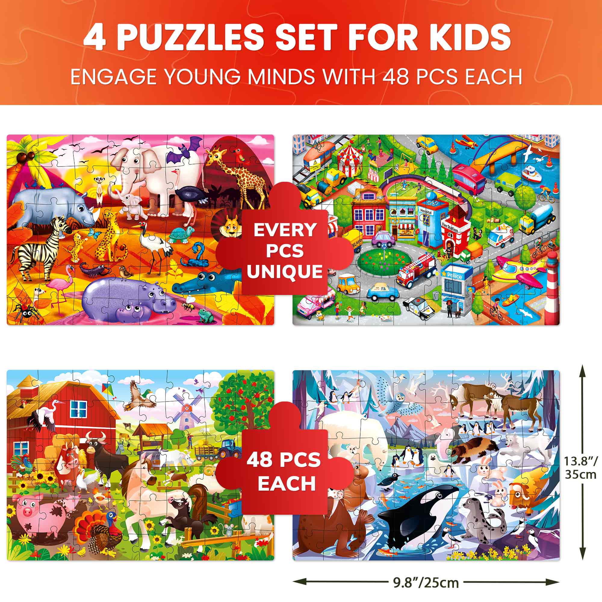 48 Pcs Puzzles for Kids | Polar, City, Farm & Safari Animals