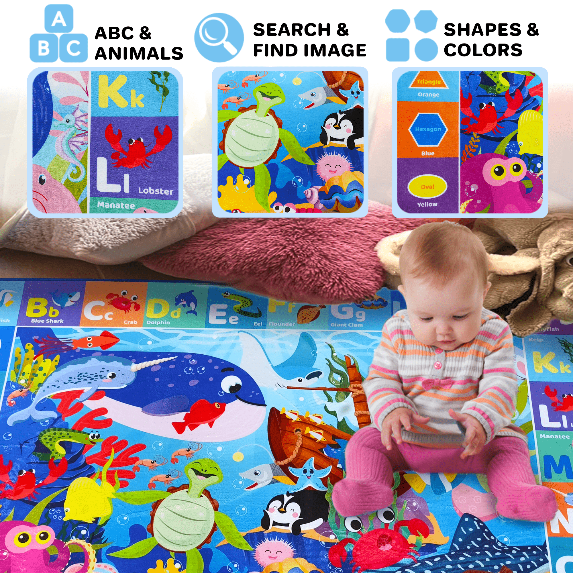 QUOKKA Large Baby Play Mat for Floor | Ocean ABC Rug for Kids Toddlers