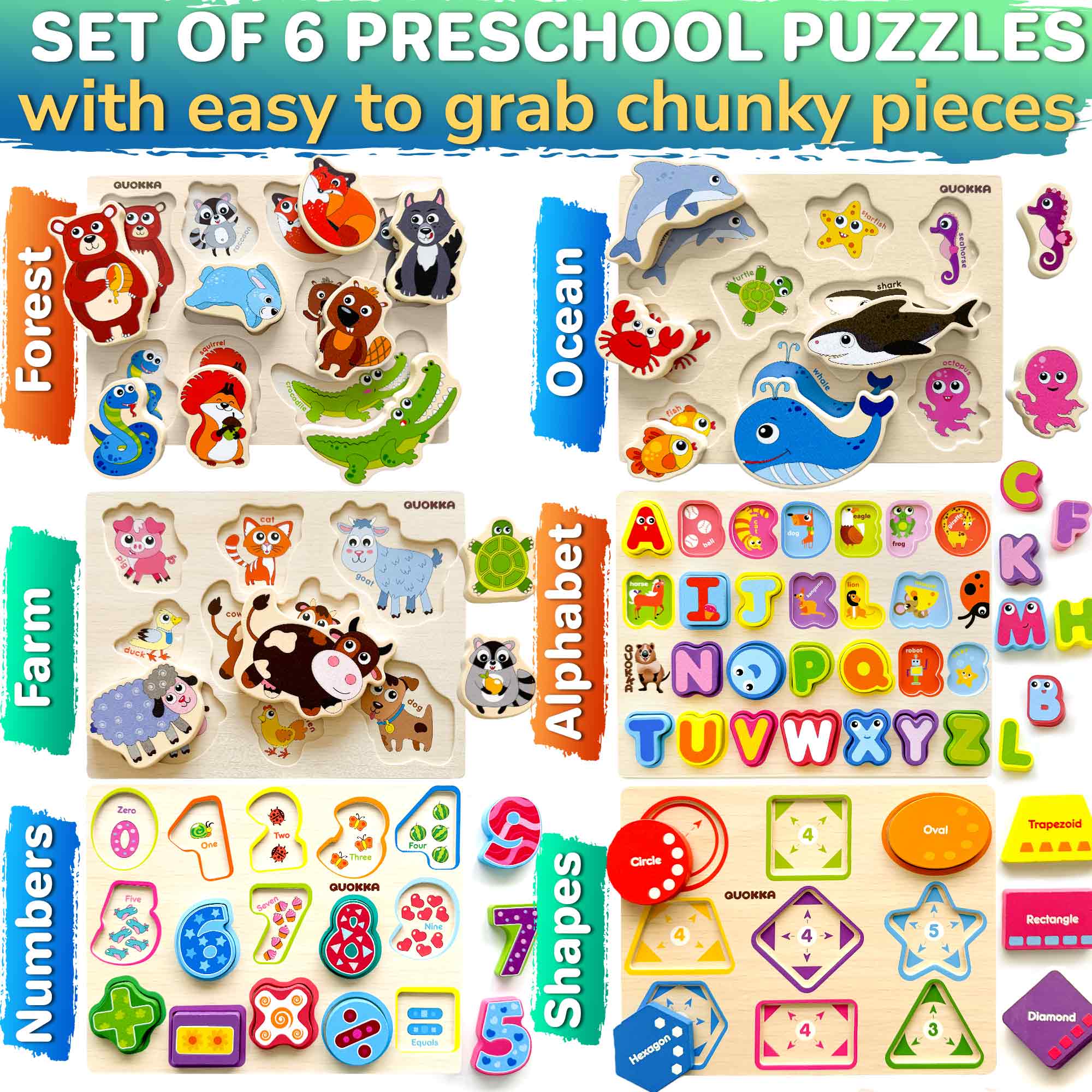 6 Chunky Puzzles for Toddlers - Animals, Numbers, Alphabet