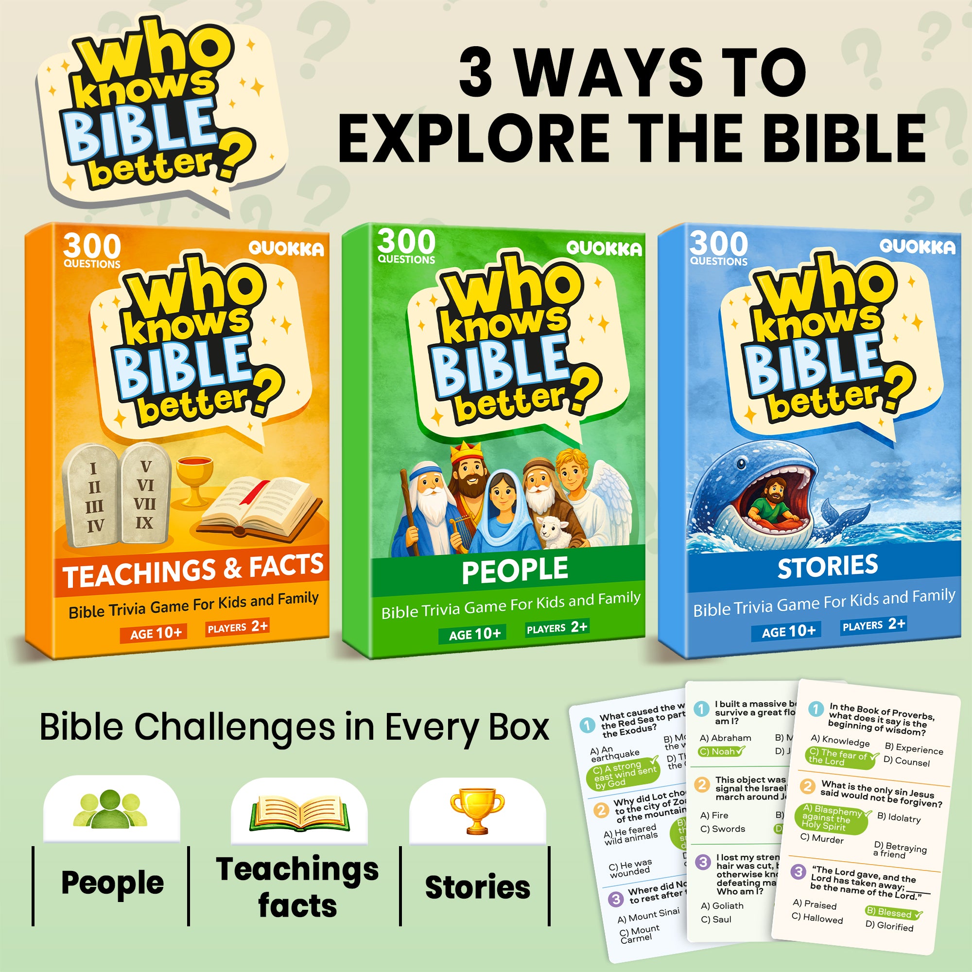 Trivia Card Game - Who Knows Bible Better? 3 Set for Family