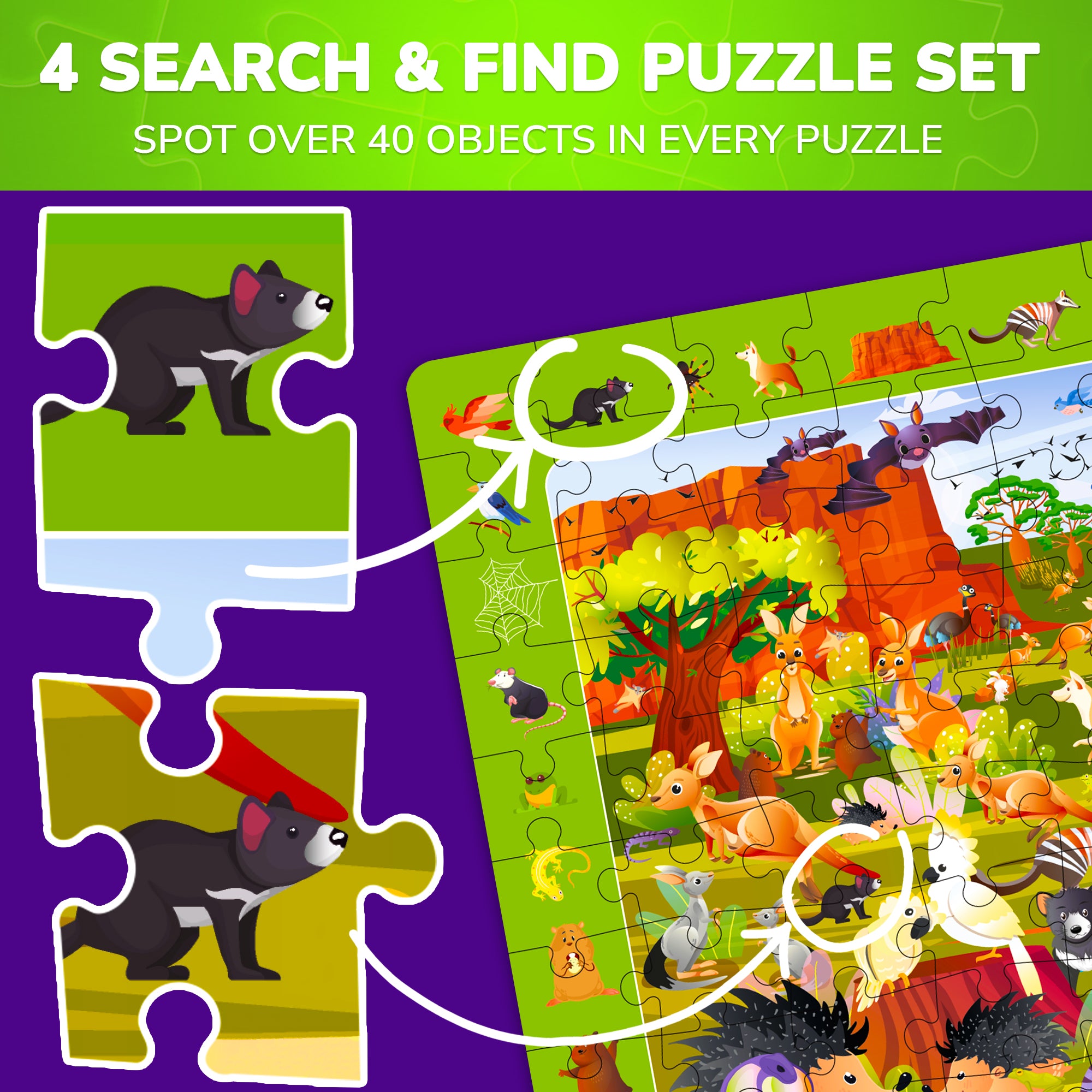 100 Piece Search & Find Puzzles for Kids with Animals, Cars