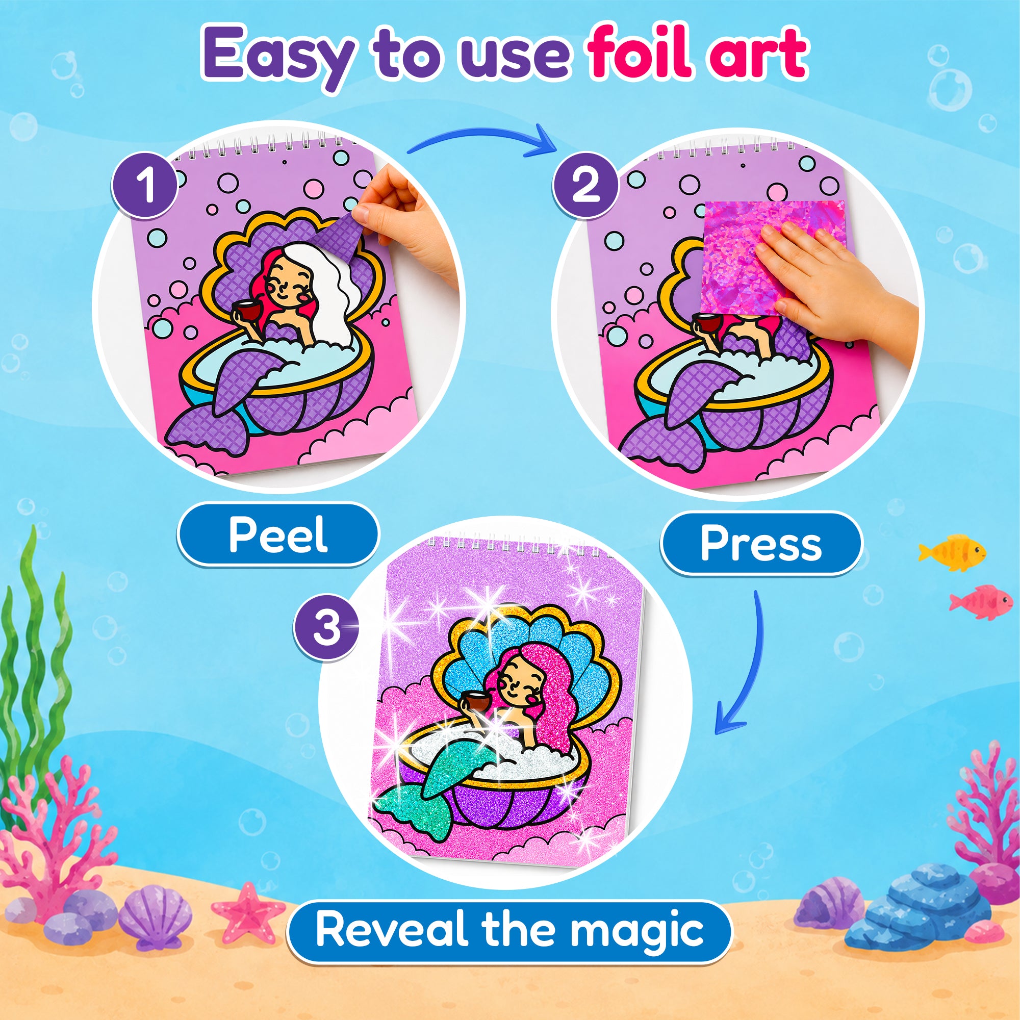 Foil Art Crafts Activity Book with Coloring Pages for Kids Mermaids