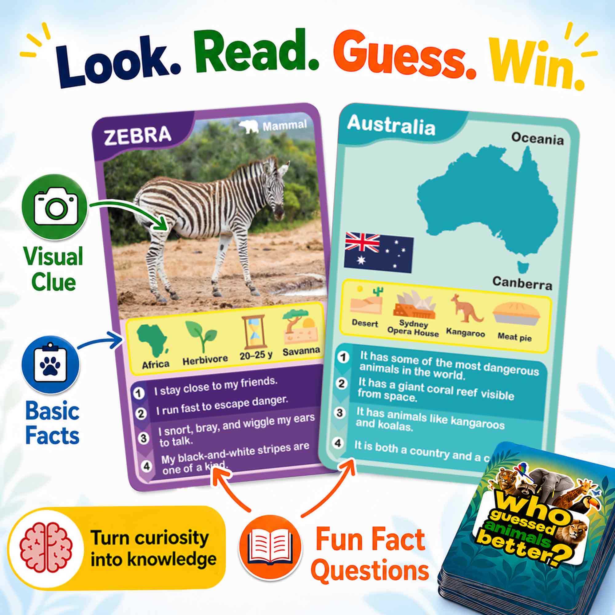 3 Set Educational Game for Kids - Who Guess It Better: Animals & Countries