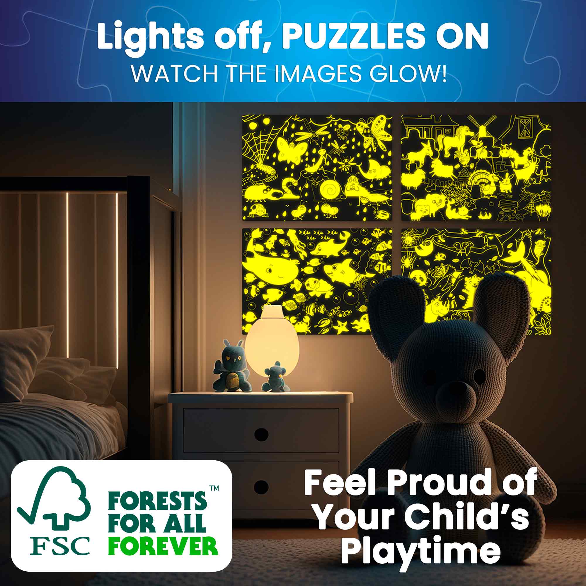 60 Piece Glow in the Dark Puzzles for Kids | Animals