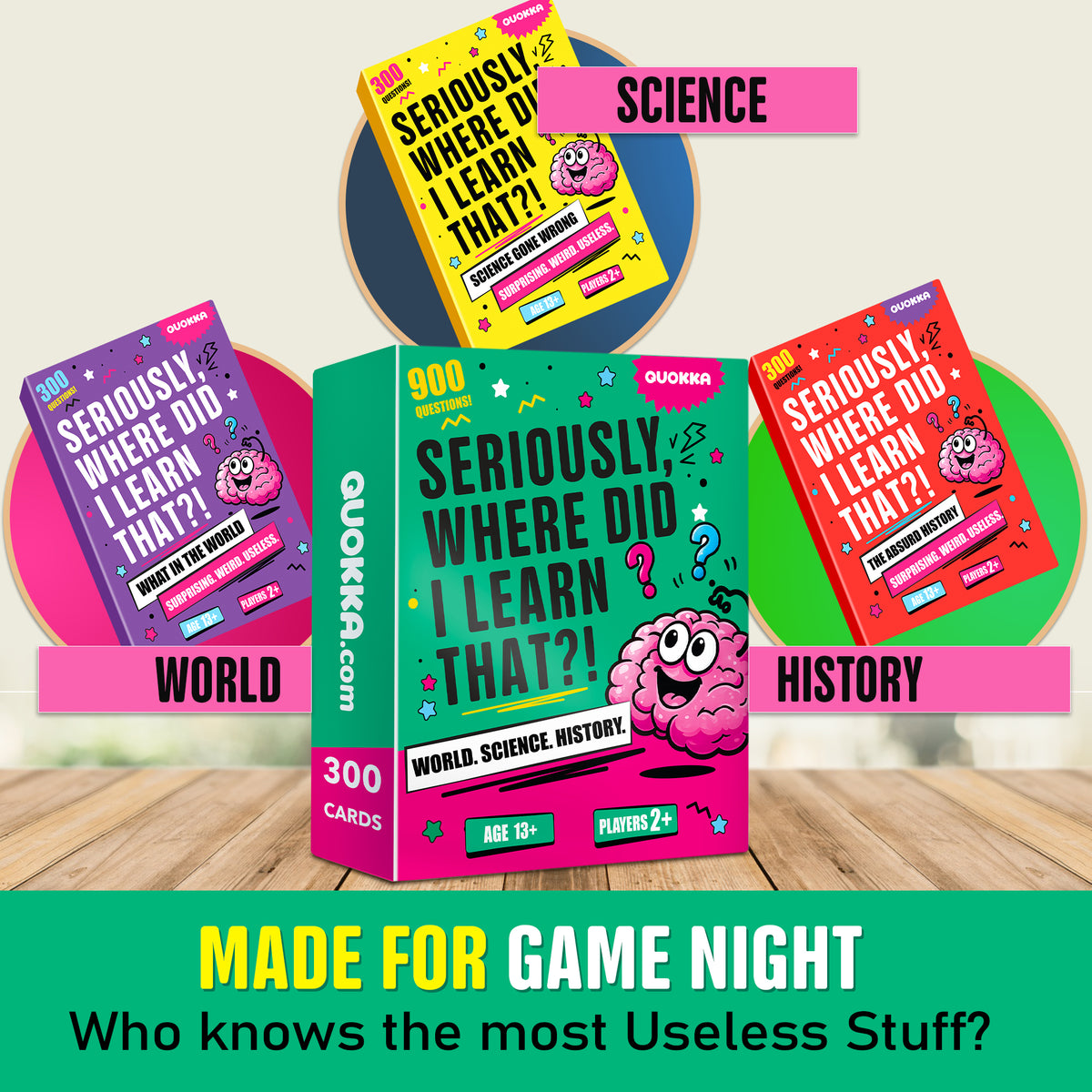 Trivia Card Games for Adults & Teens - 900 Questions on World, Science & History Facts