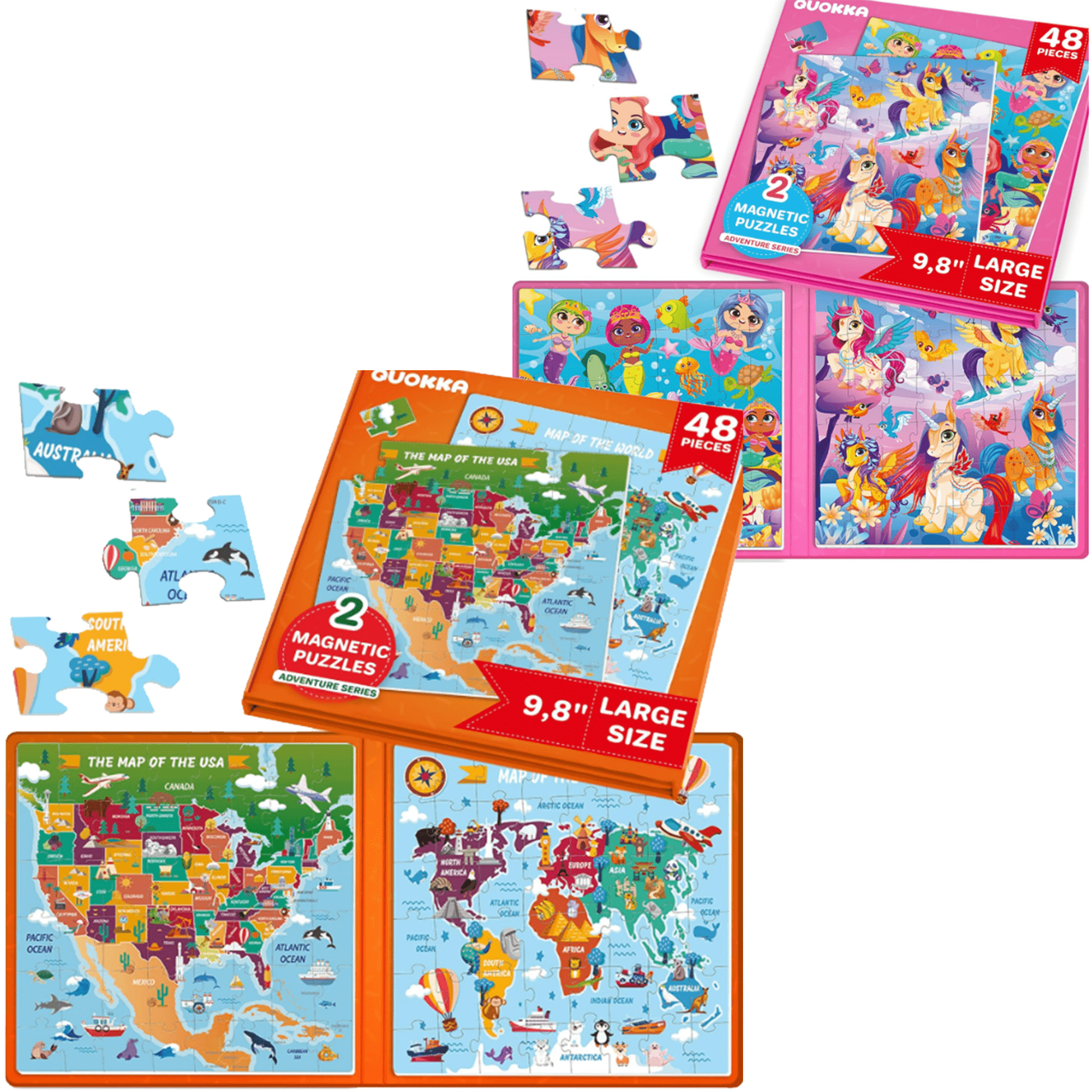 QUOKKA Bundle Set of 2 Magnetic Puzzles for Kids | Unicorns, Maps