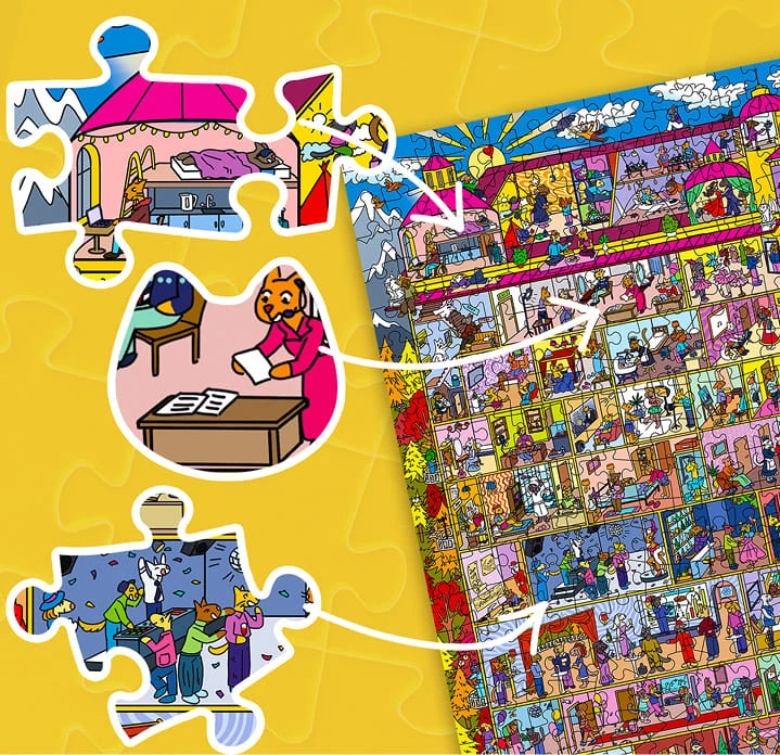 Close-up of a puzzle piece revealing a hidden illustrated detail