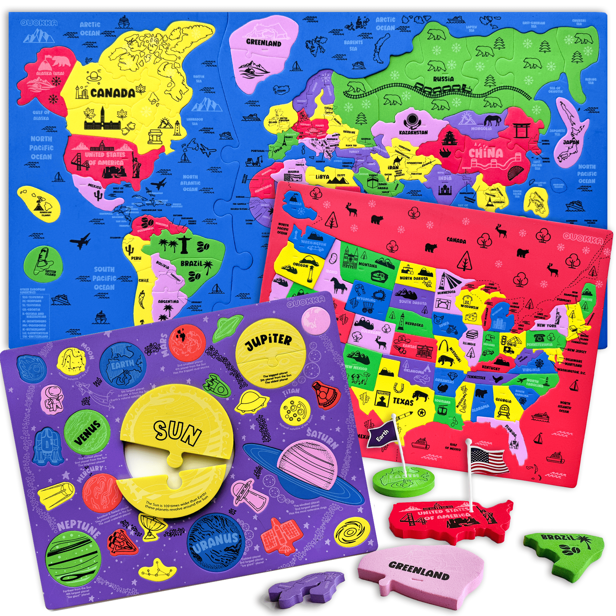 QUOKKA 3 Set Foam Puzzles | USA, World & Space