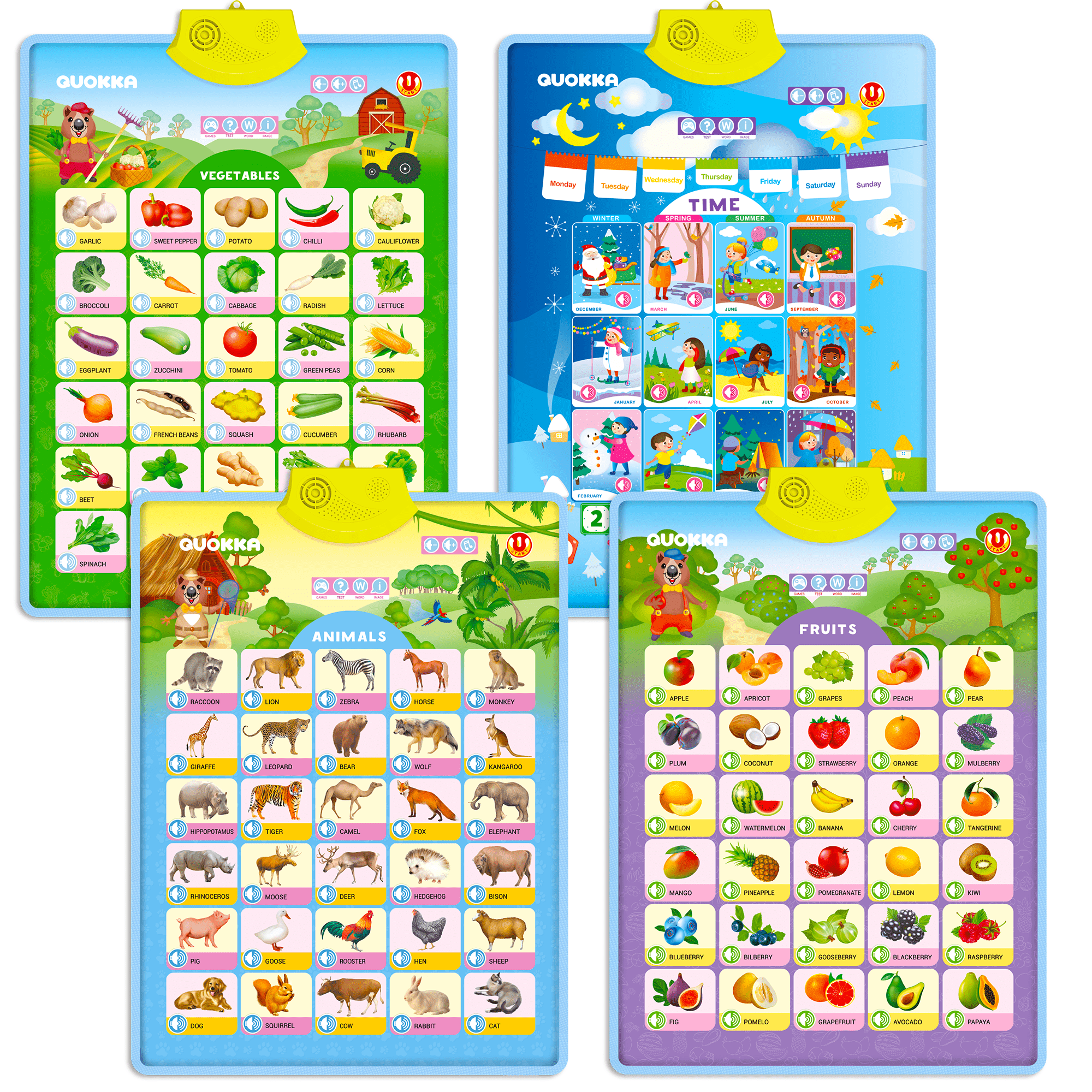 4 Set Poster Preschool Learning Toy | Learn Animals, Fruits, Vegetables & Time