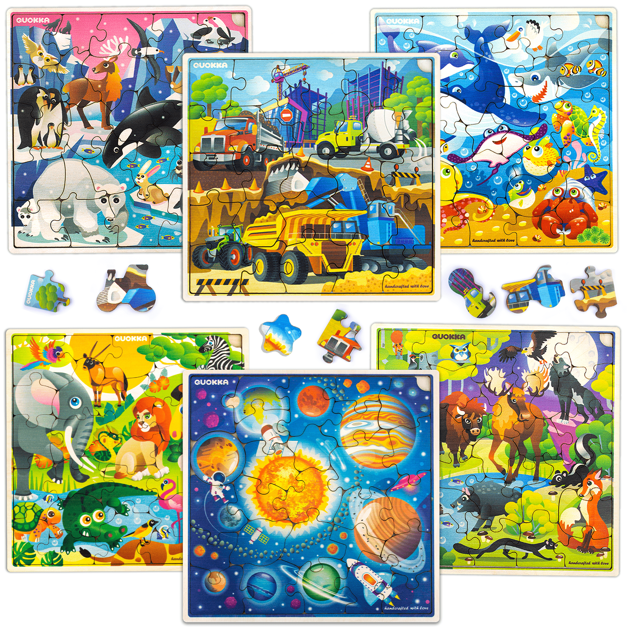 30 Pieces Set of 6 Jigsaw Wooden Puzzles | Animals, Solar System & Cars