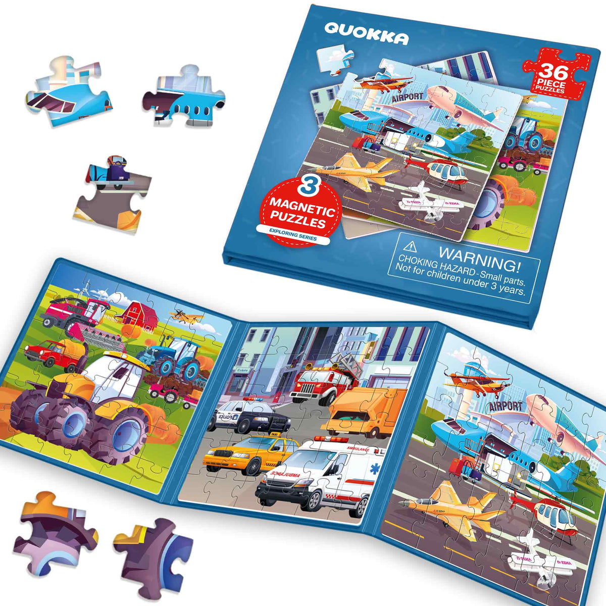 QUOKKA – Puzzle Magnétique 36 Pièces, Transport, 3 Puzzles, Livre 17,5x52,5 Cm – Dès 2-3 Ans, Voyage, Cadeau