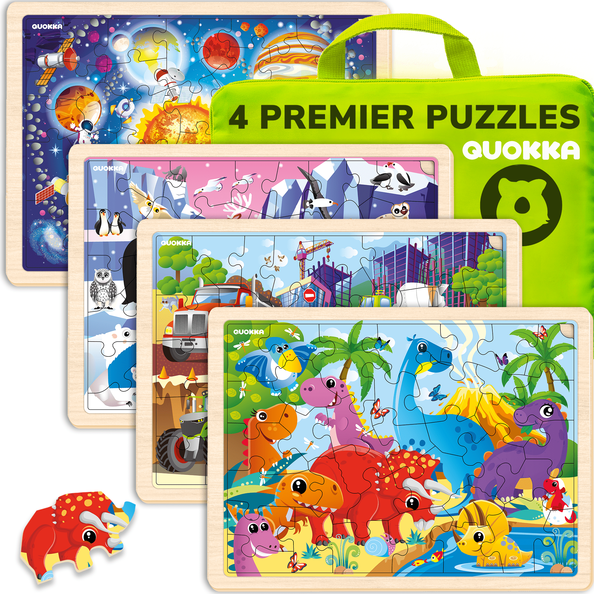 4 Set Wooden Puzzles for Toddlers  Animals, Dino, Vehicles & Space