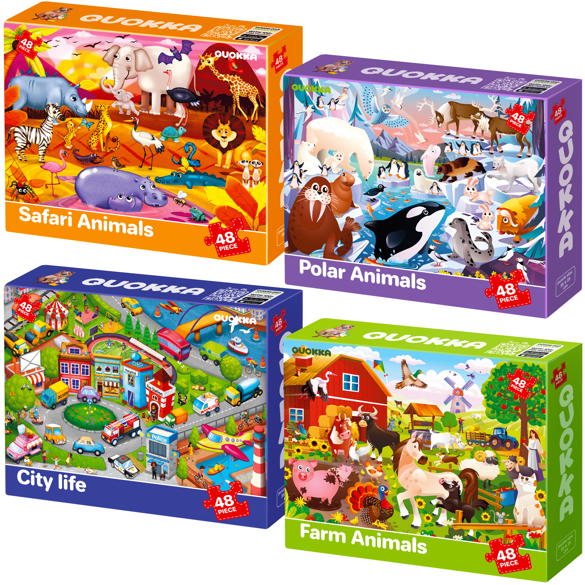 Quokka 48 Piece Floor Jigsaw Puzzles for Kids | Polar, City, Farm & Safari Animals