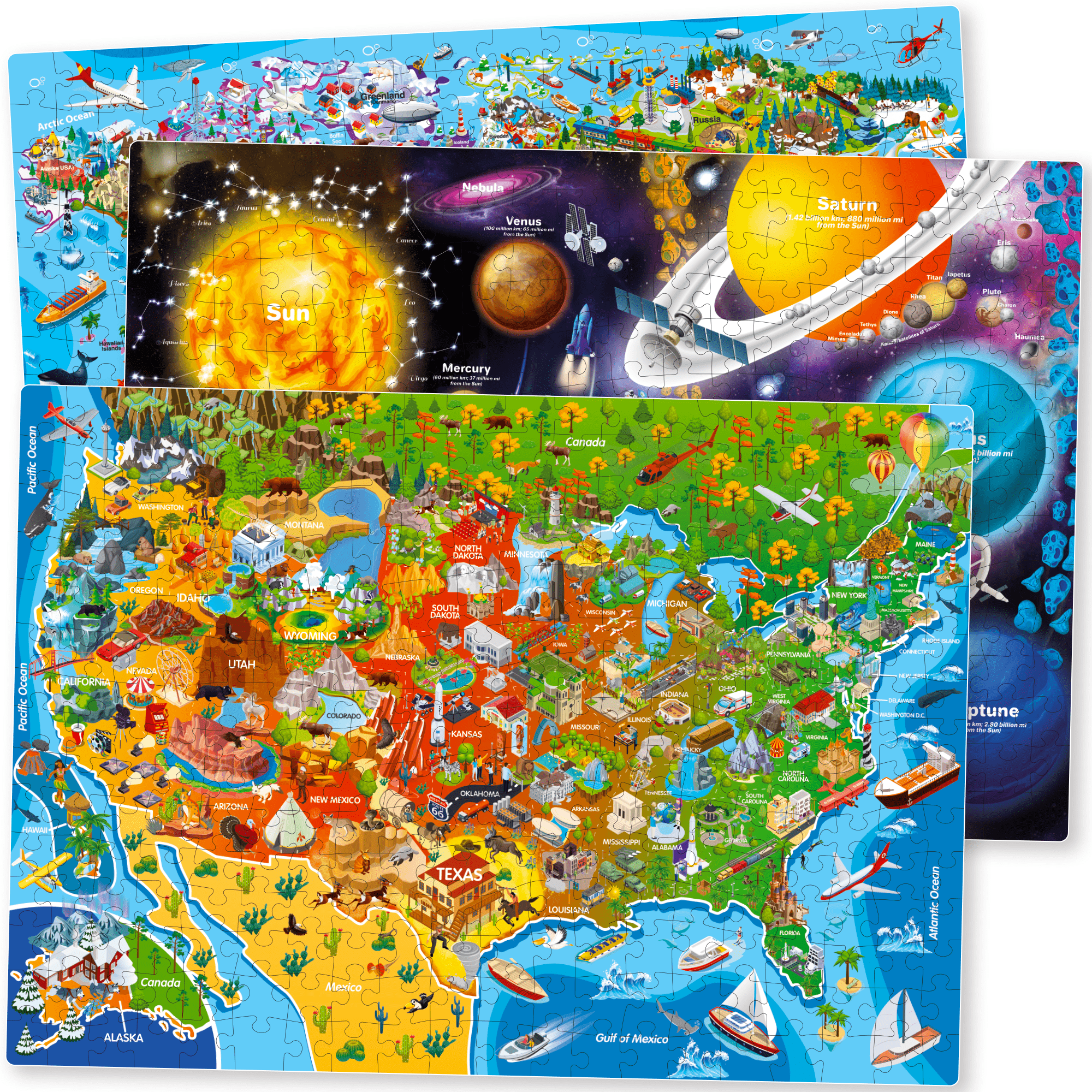 500 Piece 3 Set Puzzles for Adults | USA and World Maps & Space