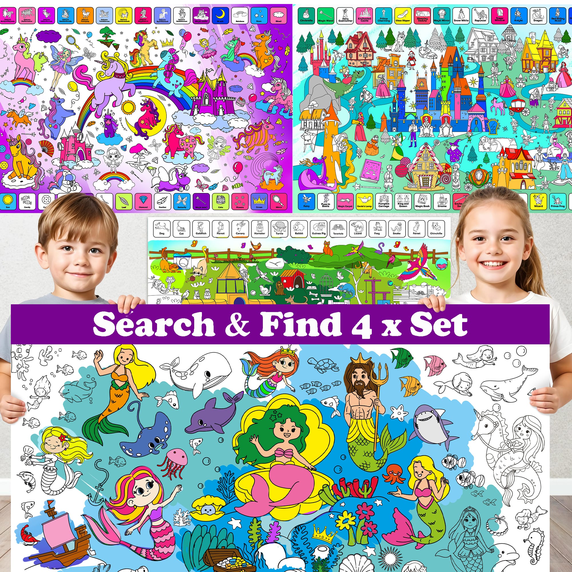 4 Giant Coloring Posters for Kids | Farm, Sea, Zoo & Birds