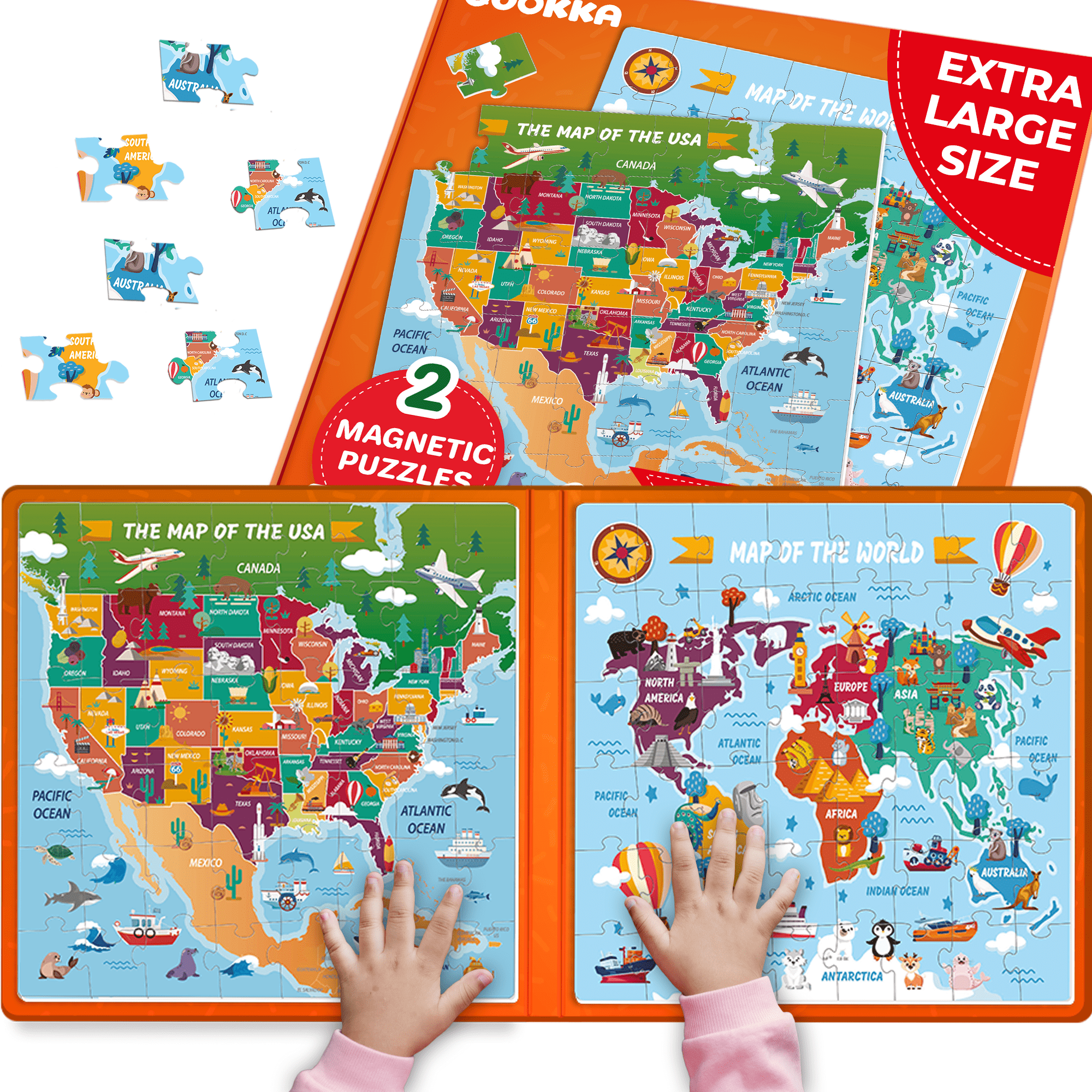 Magnetic Book 2x48 Piece Puzzles for Kids | Maps USA & World