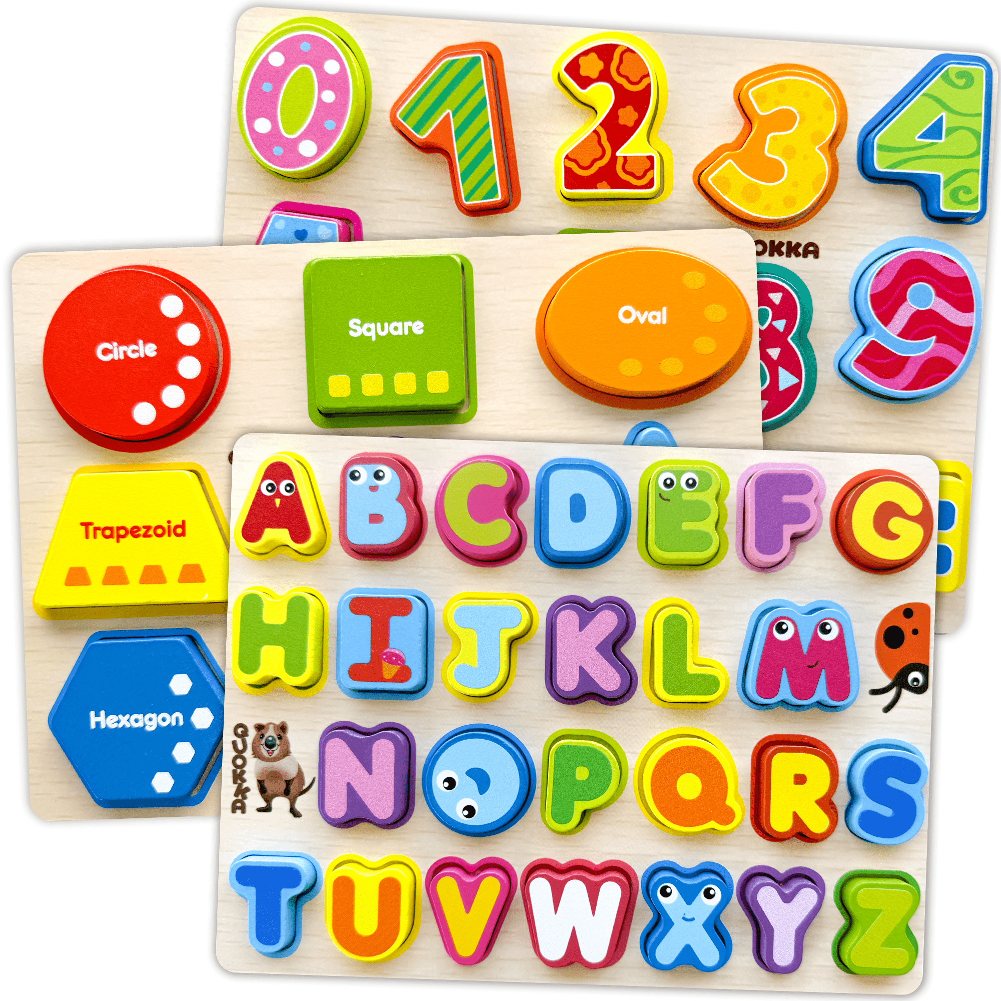 3 Set Chunky Wooden Puzzles for Toddlers 1-4 | Alphabet, Numbers & Geometric Forms