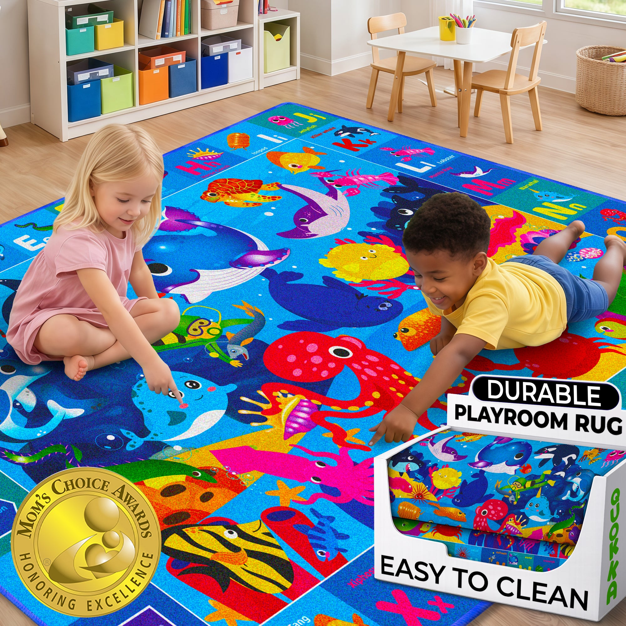 QUOKKA Small Classroom Ocean Rug for Kids - 59x39 ABC Rugs for