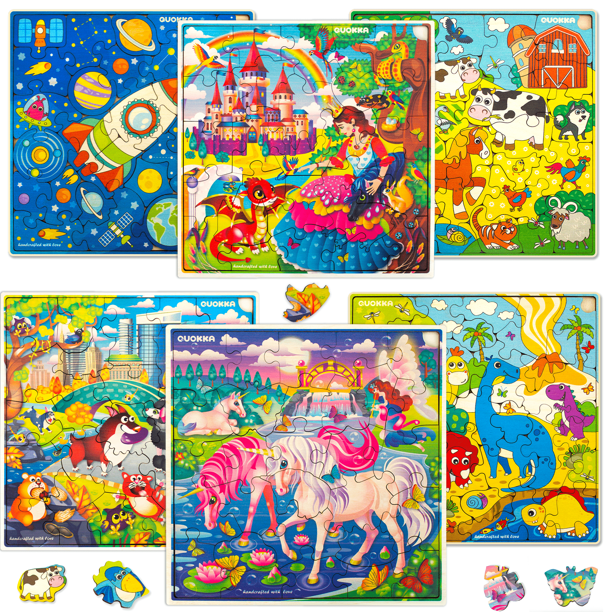 30 Pieces Set of 6 Jigsaw Wooden Puzzles | Unicorn, Princess, Animals & Solar System